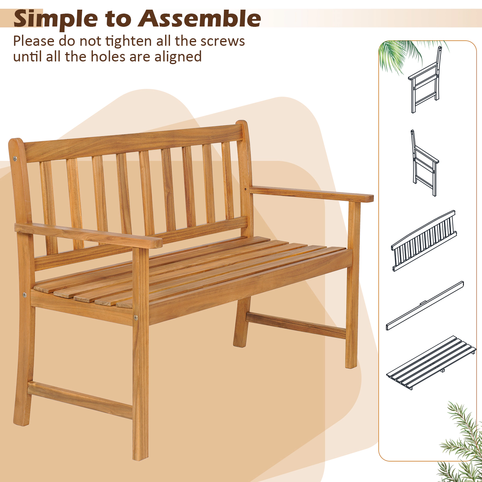 SUGIFT Slatted Backrest and Ergonomic Armrests 2-Person 43 Inch Patio Acacia Wood Bench