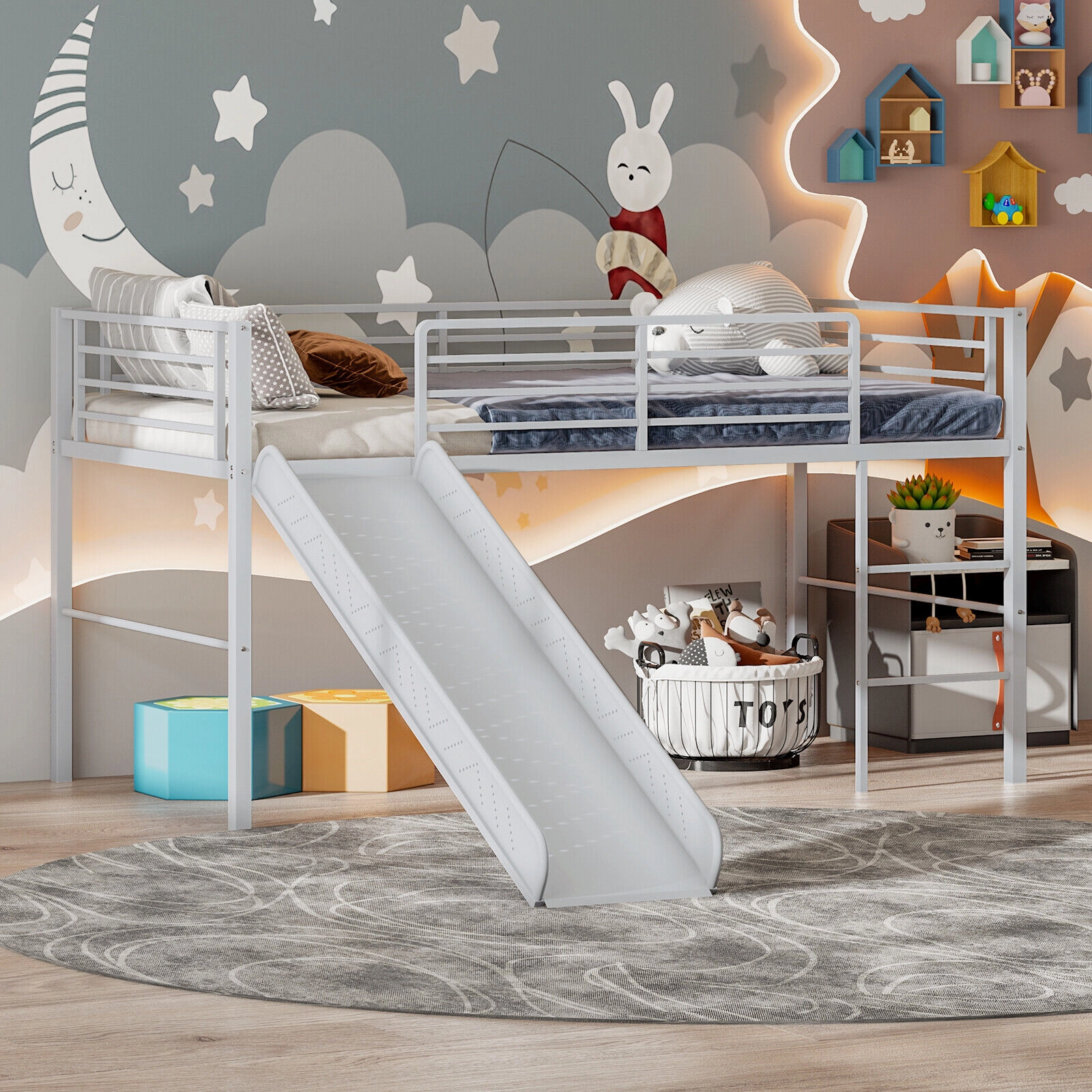 SUGIFT Silver 61-in Slide Safety Guardrails and Built-in Ladder Twin Kids Metal Loft Bed