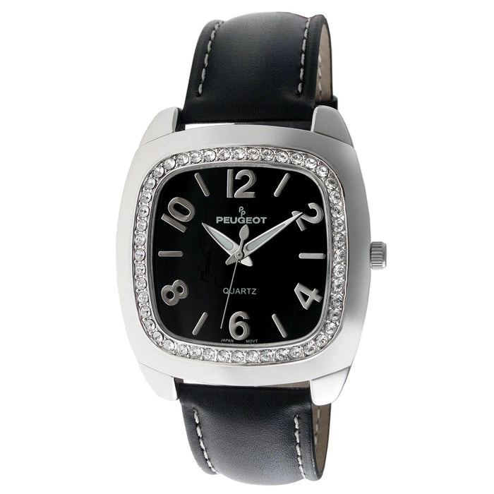 Peugeot Women's Black Boyfriend Watch 40mm Crystal Bezel Leather Strap