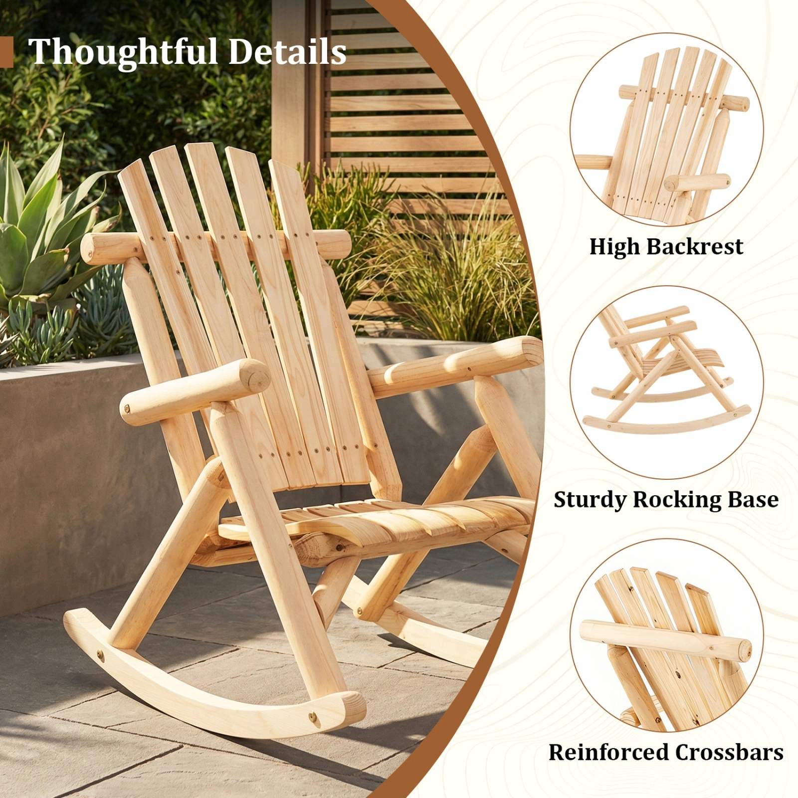 SUGIFT Natural Wood Porch Rocking Chair, Fir and Pine, Fanned High Back, Curved Seat, 330 lb Capacity