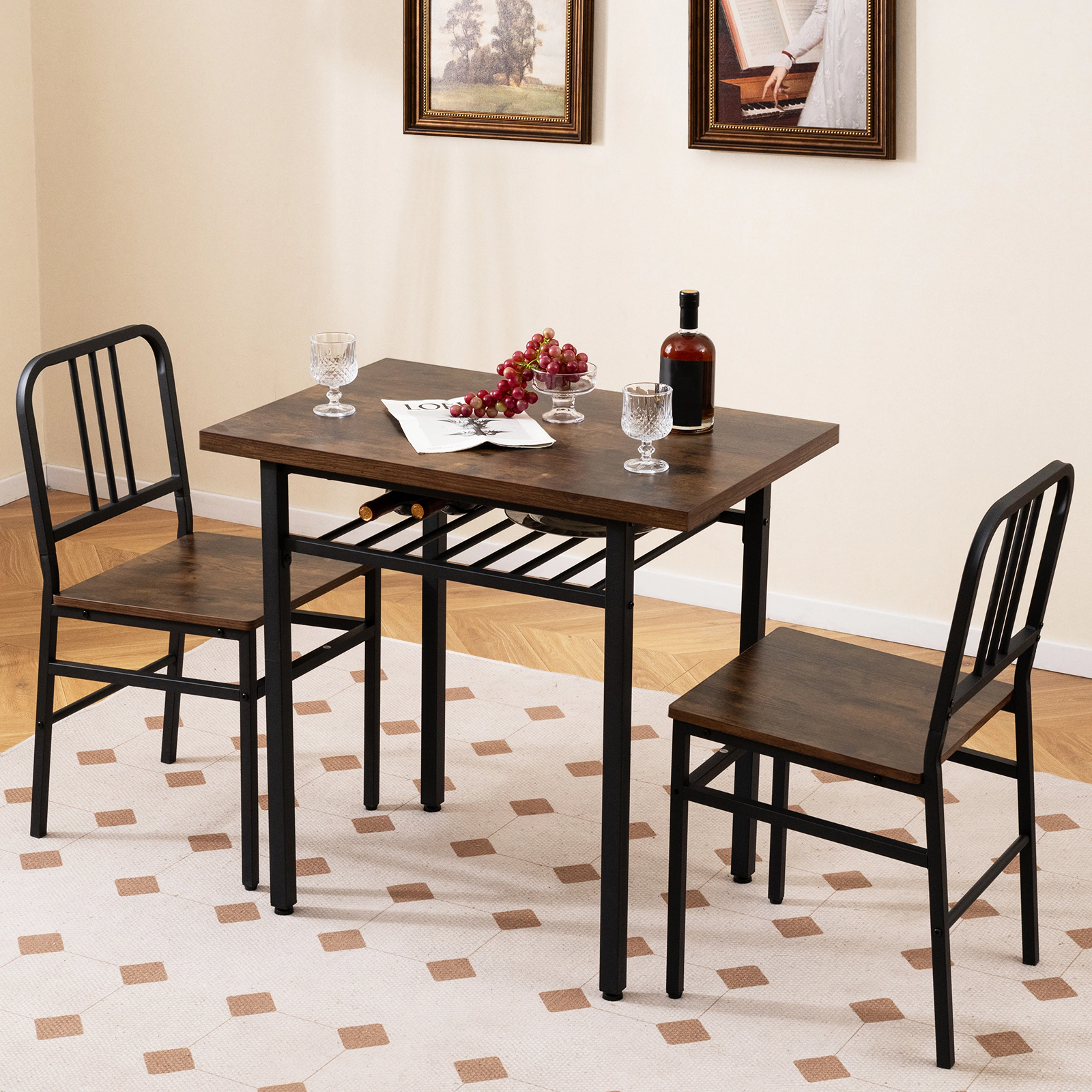 SUGIFT 3 Piece Dining Set Rustic Brown 31.5 in Table with Storage Shelf and 2 Chairs