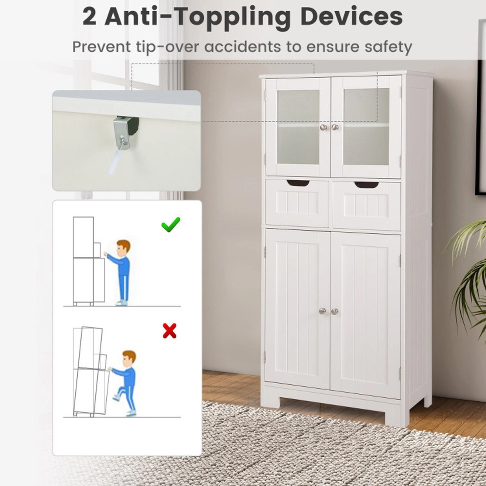 SUGIFT 3-Tier Free-Standing Bathroom Cabinet with 2 Drawers and Tempered Glass Doors 33-lb Shelf Capacity White