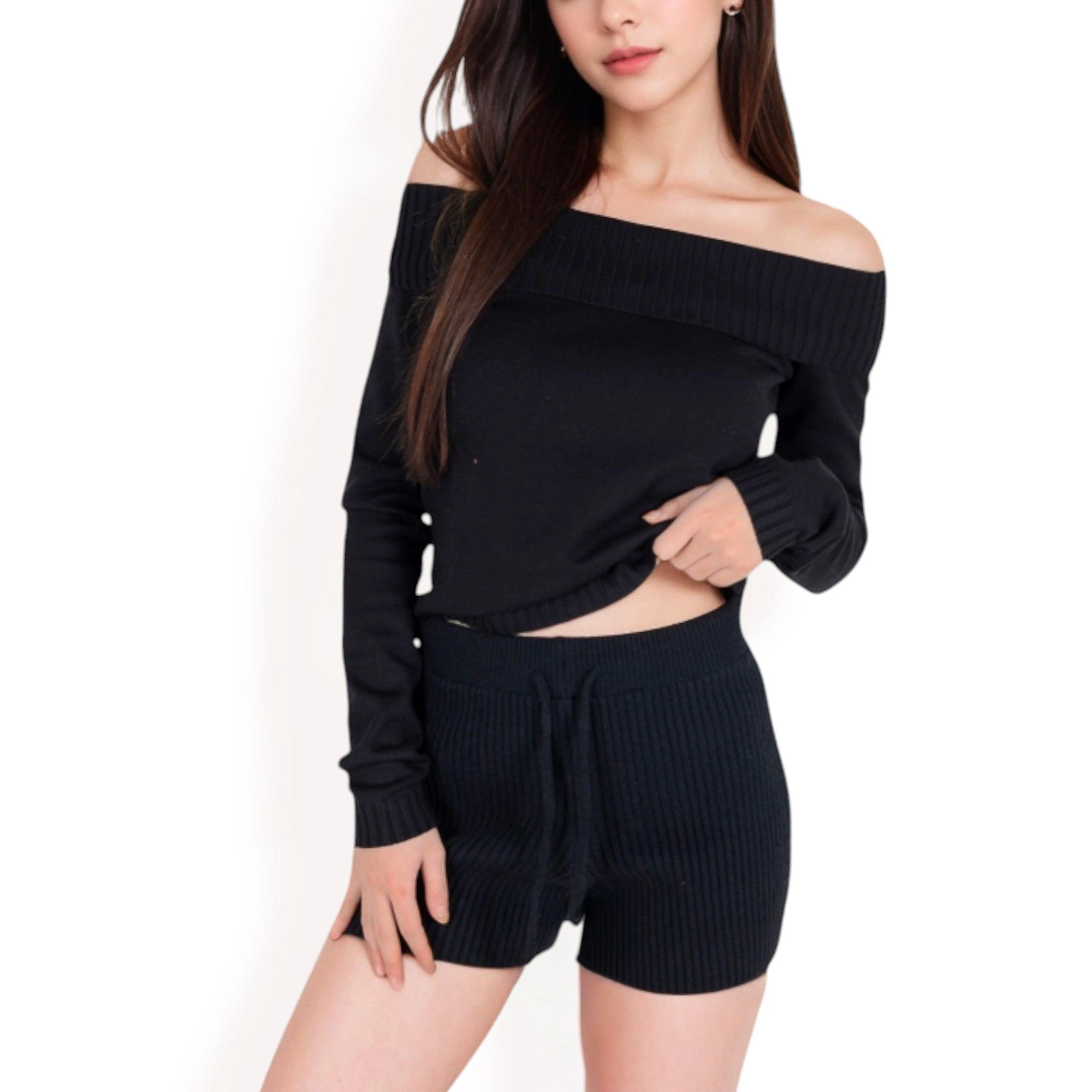 Anna-Kaci Women's Ribbed Off-the-Shoulder Long Sleeve Top and Sweater Knit Shorts Set with Drawstring Waist