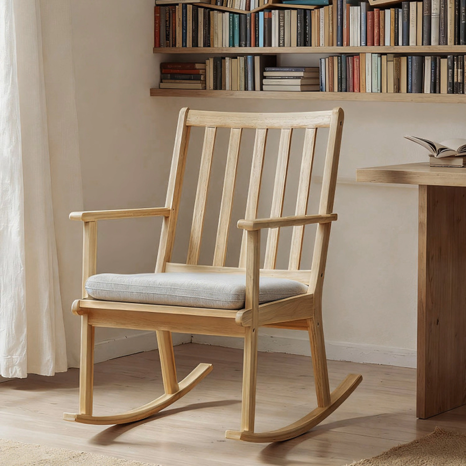 SUGIFT Solid Rubber Wood Rocking Chair with Padded Cushion 352-lb Capacity 33.5-in Frame Natural + Gray