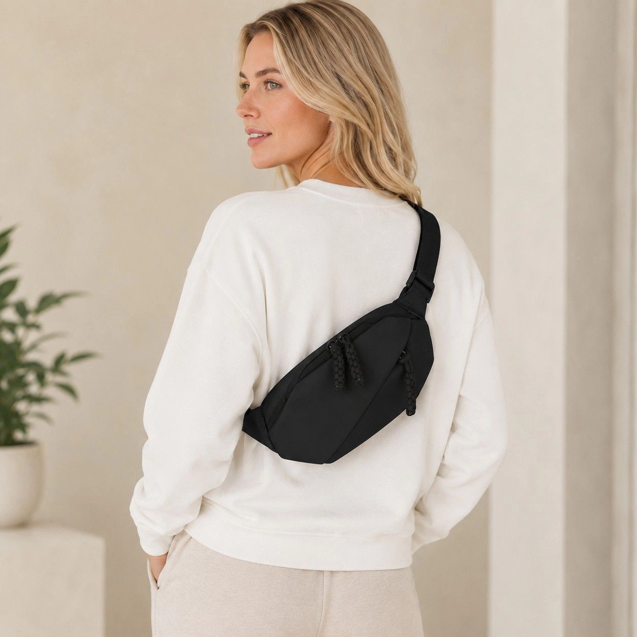 Alilang Women's Crossbody Sling Waist Bag with Adjustable Strap Zip Closure and Braided Pulls, Ivory