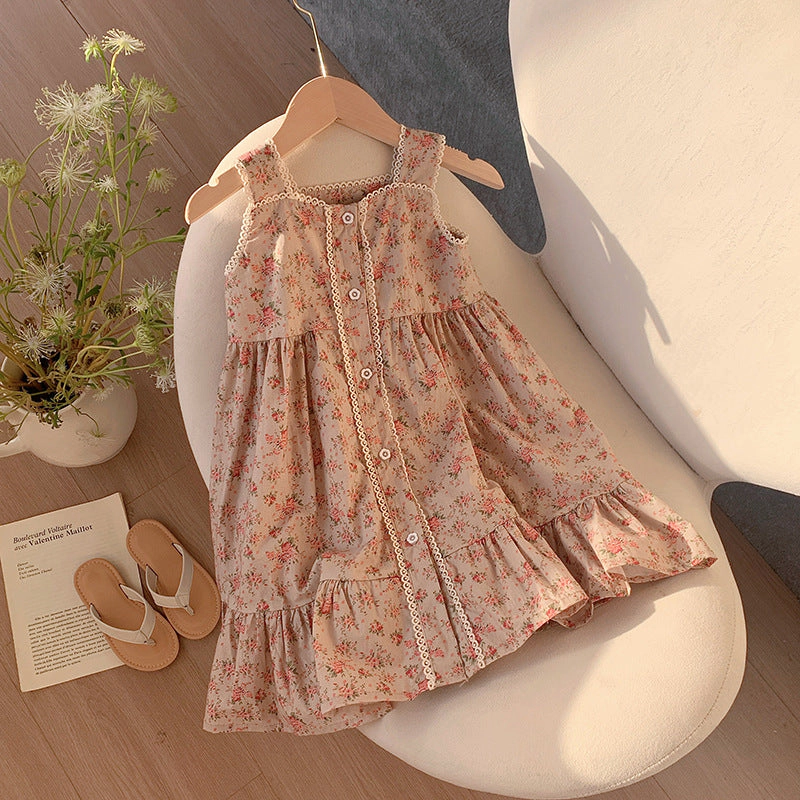 MyKids-USA Summer Kids Girls French Style Vintage Sleeveless Single Breasted Dress