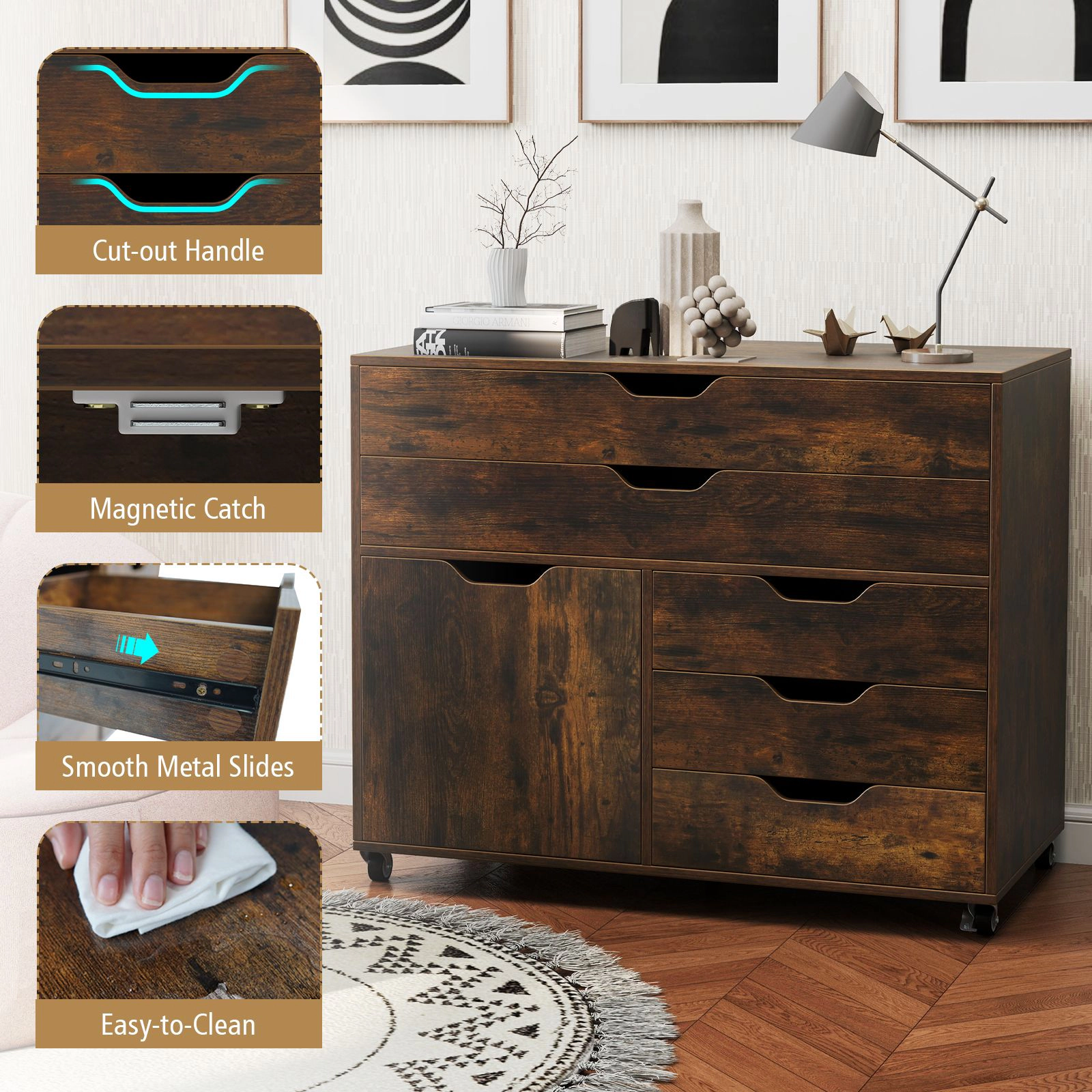 Slickblue 5 Drawer Mobile Storage Cabinet with Door and Wheels