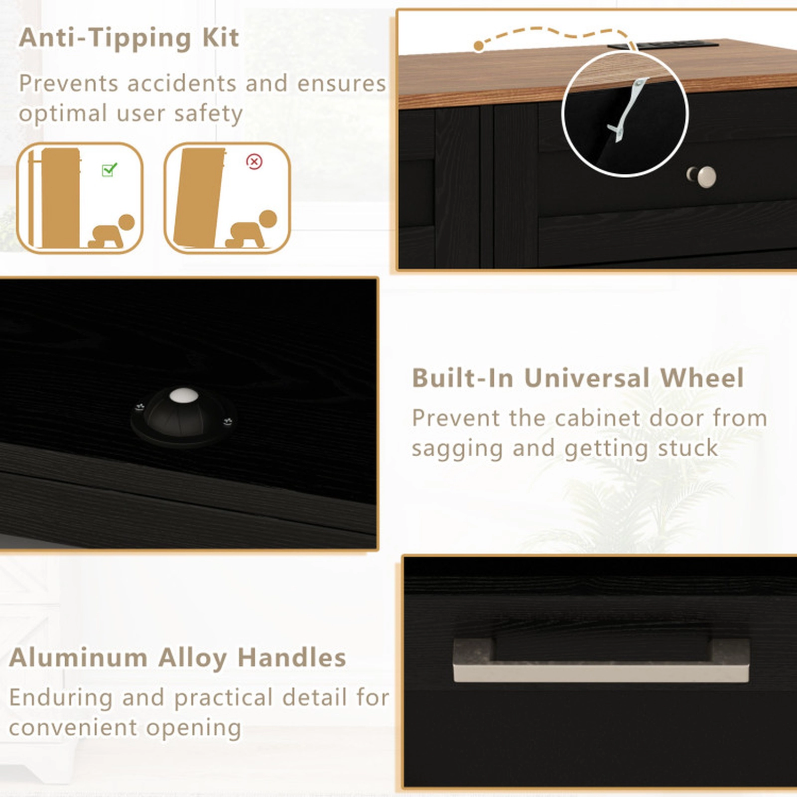 SUGIFT 39.5-in Black 100-lb Top Tilt Out Trash Can Cabinet with 2 Outlets 2 USB Ports and Adjustable Shelf