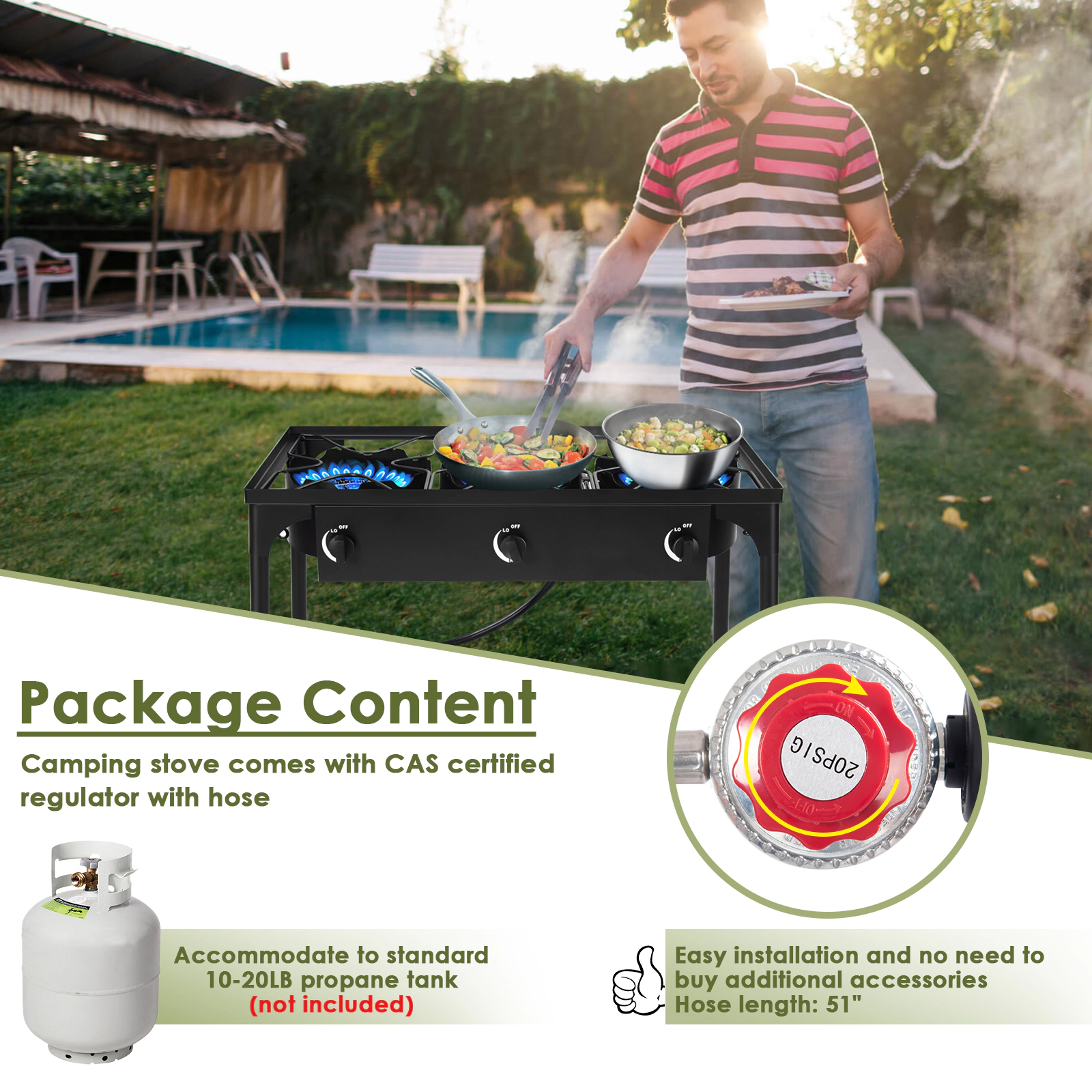 SUGIFT 3-Burner Black Portable Propane Gas Cooker with Detachable Legs 225000-BTU 34-in W 18-in D 30-in H