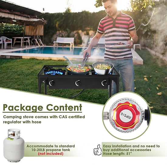 SUGIFT 3-Burner Black Portable Propane Gas Cooker with Detachable Legs 225000-BTU 34-in W 18-in D 30-in H