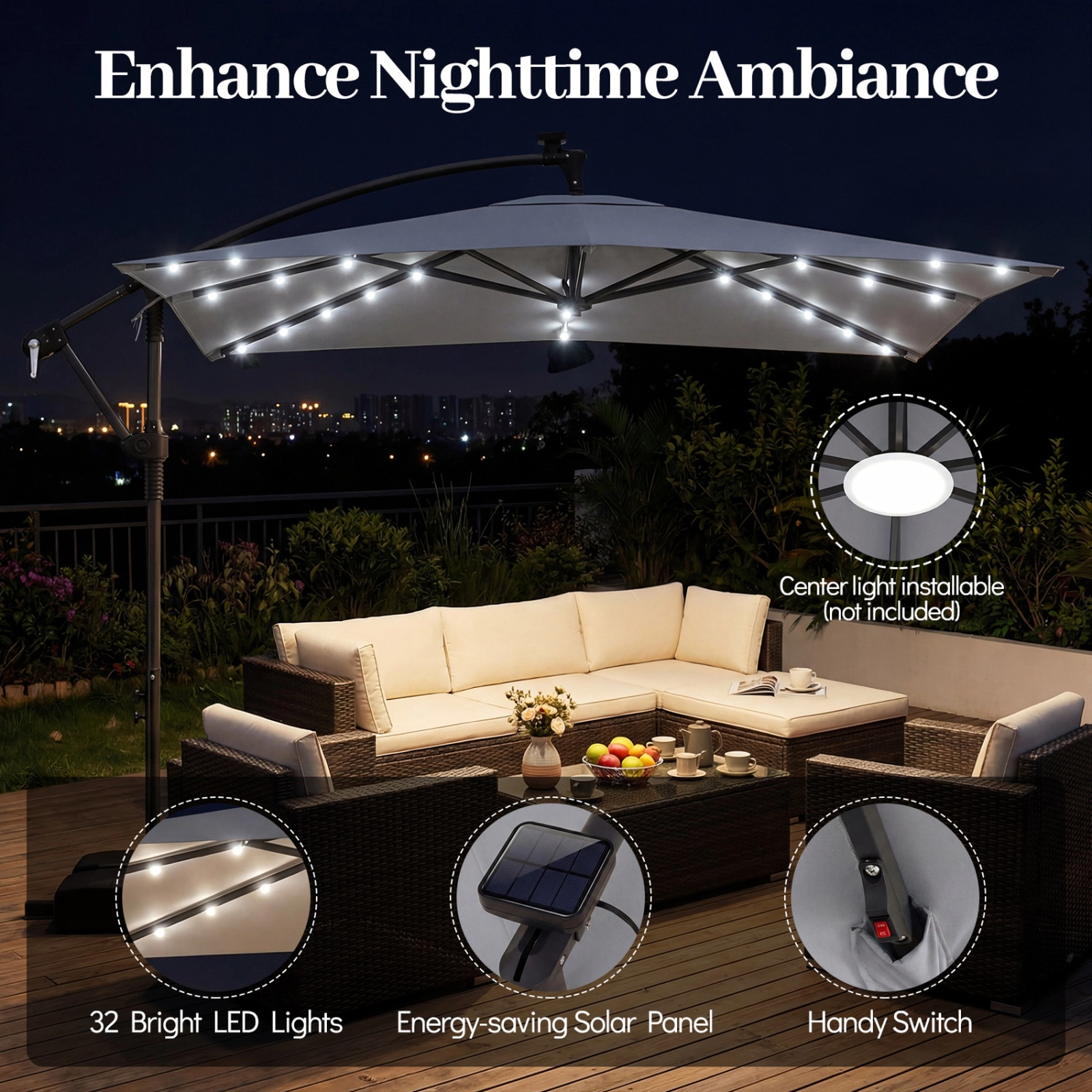 SUGIFT 8-ft Gray Square Solar LED Offset Patio Umbrella with Crank Lift and 360-Degree Rotation for Deck