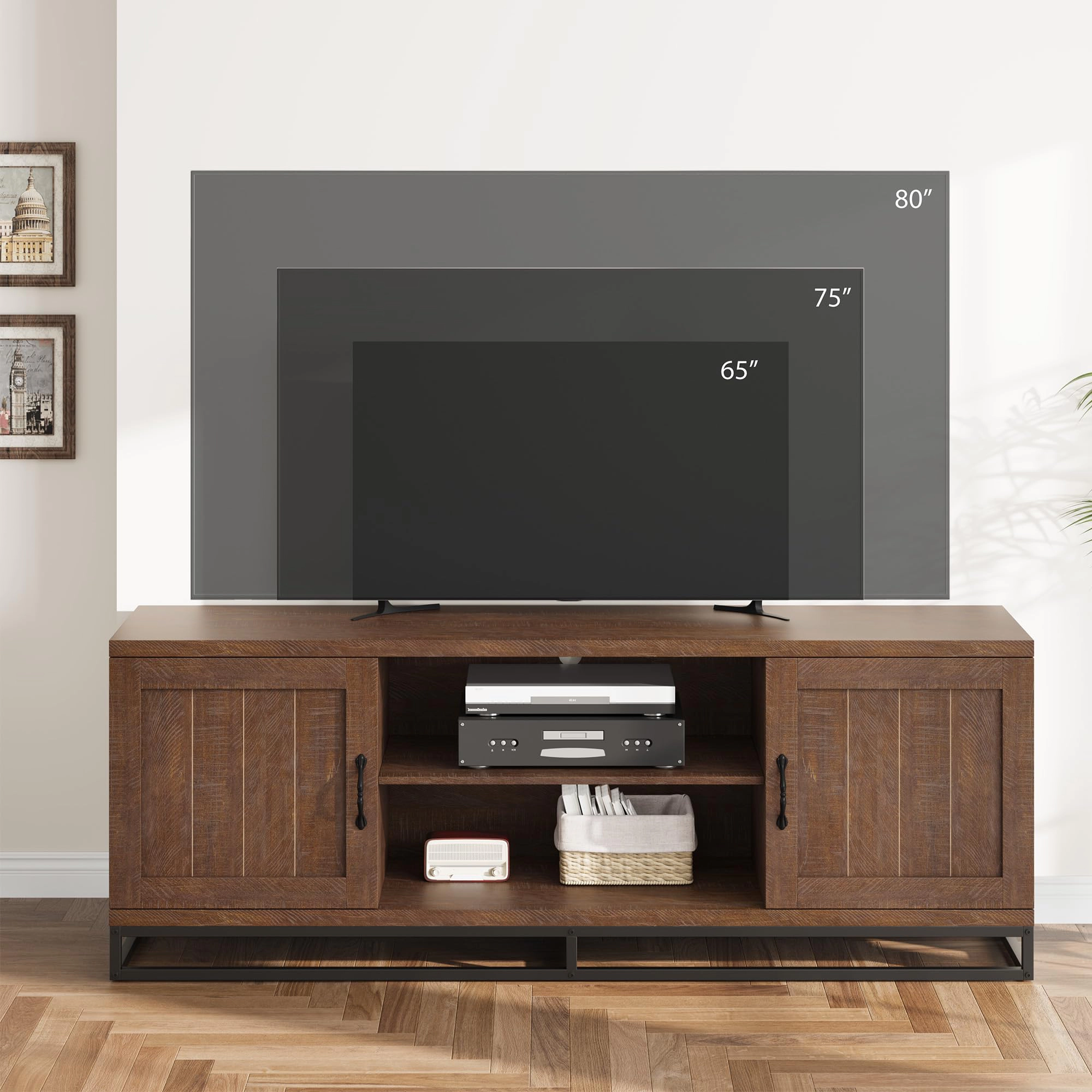 BebreezChic Farmhouse TV Stand for 75inch, Grey Entertainment Center with Sturdy Metal Leg & Adjustable Shelves
