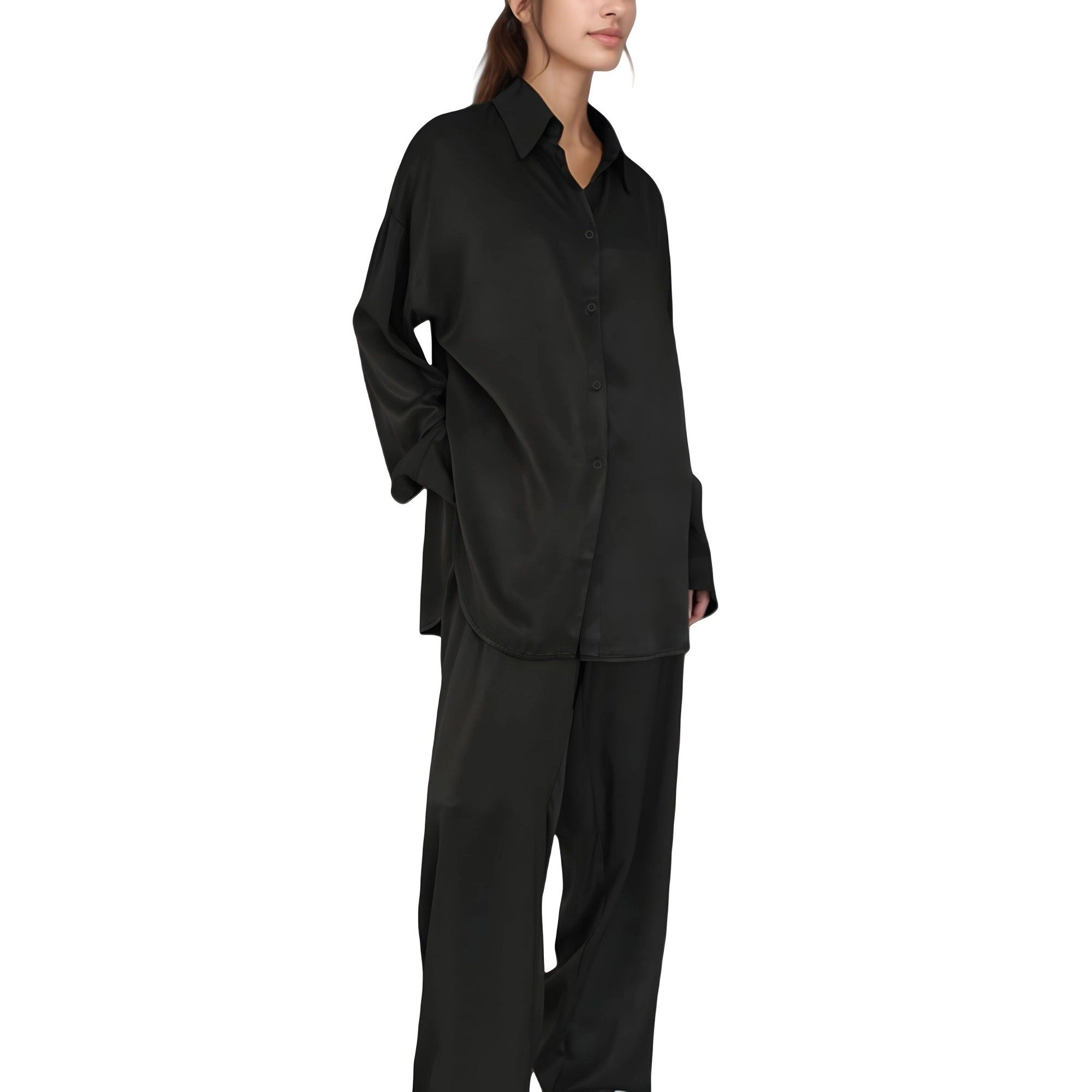Anna-Kaci Women's Relaxed Fit Satin Button Down Shirt and Wide Leg Pants Two-Piece Lounge Pajama Set