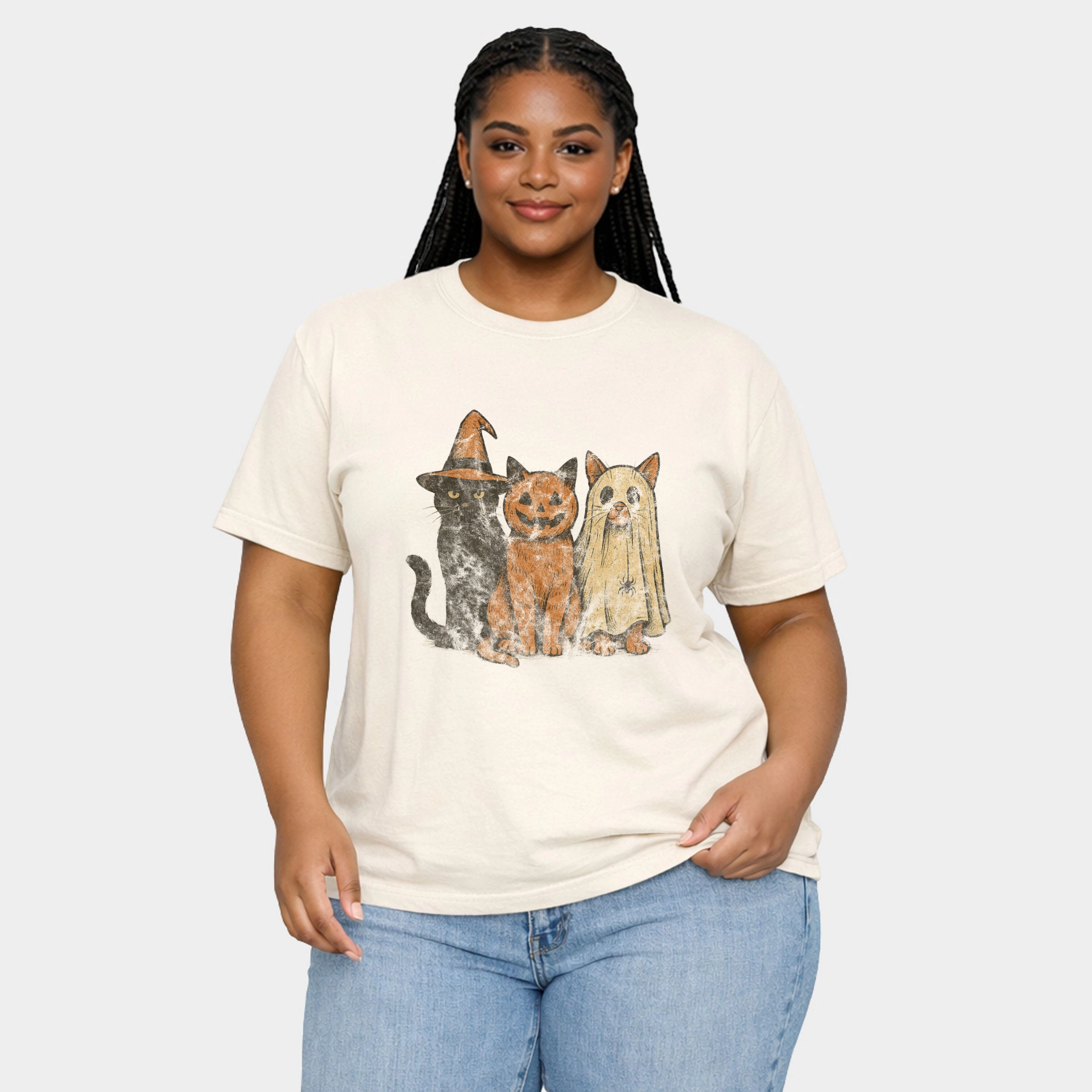 Simply Sage Market - Women's Plus Sized Garment Dyed Graphic T-Shirt Halloween Cat Trio