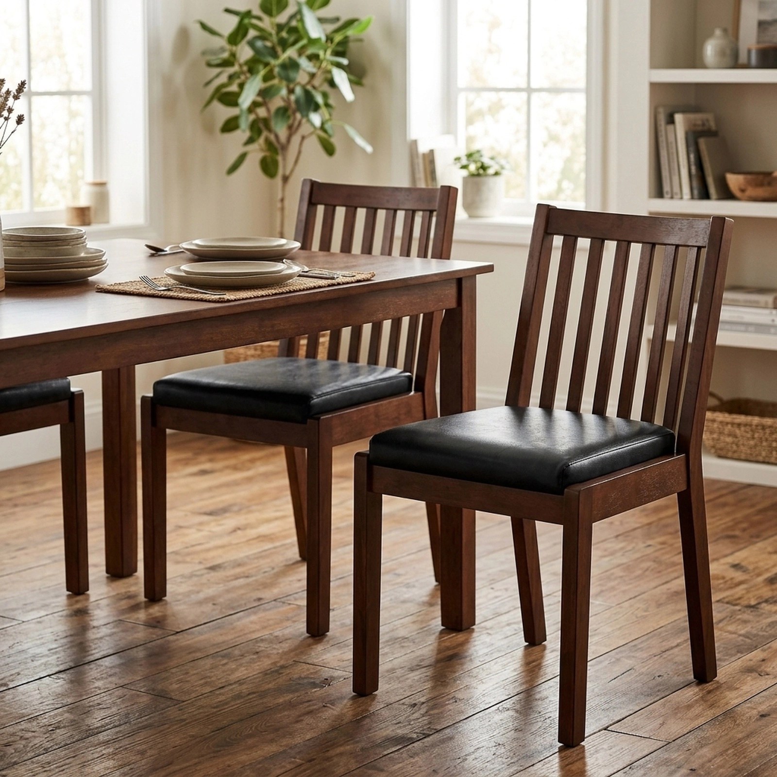 SUGIFT Espresso Faux Leather Dining Chairs, Set of 2, Padded Slat Back, Rubber Wood Frame