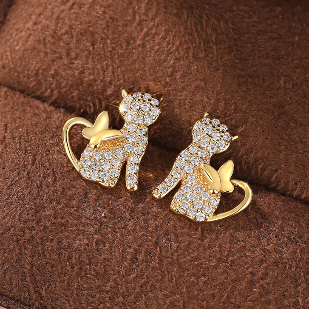 Wardrobe Whimsy Cat And Butterfly Stud Earrings Paved Cubic Zirconia Animal for Women