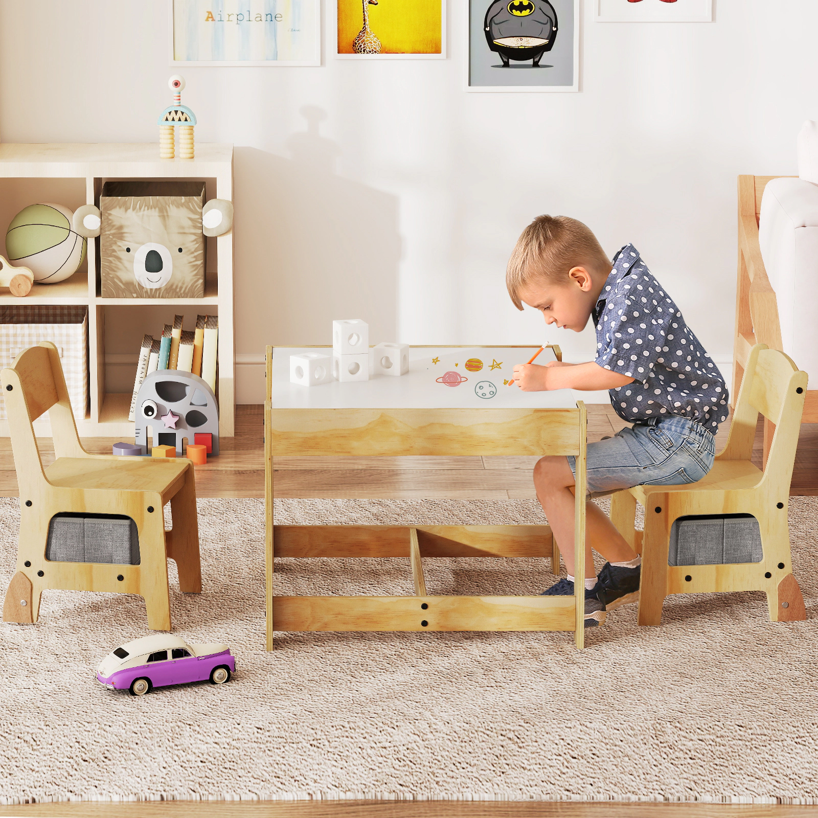 SUGIFT Gray Reversible Top and 2 Storage Drawers 3-in-1 Kids Table and 2 Chair Set