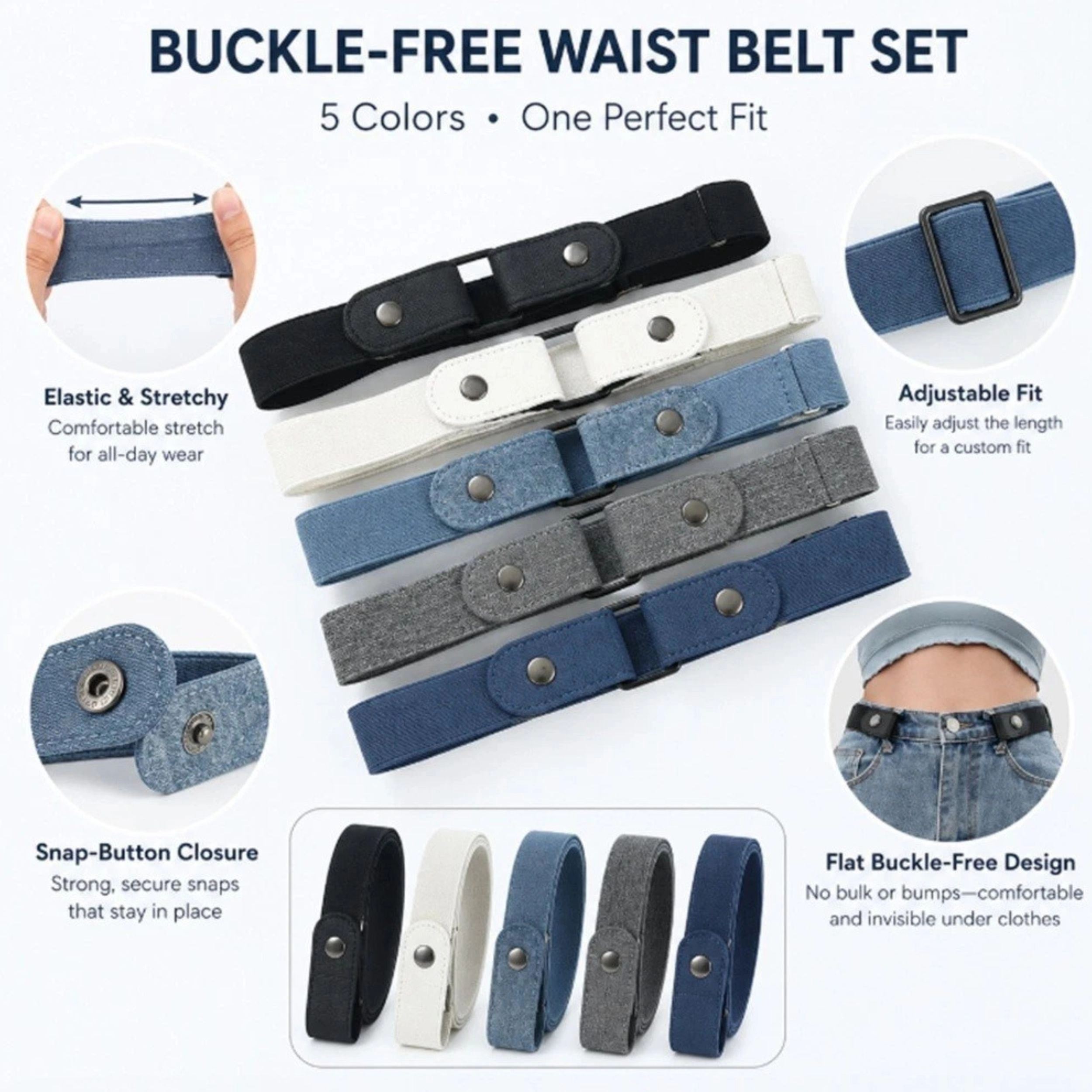 Home Collection Men & Women Pack of 5 No Buckle Elastic Stretch Waist Belts