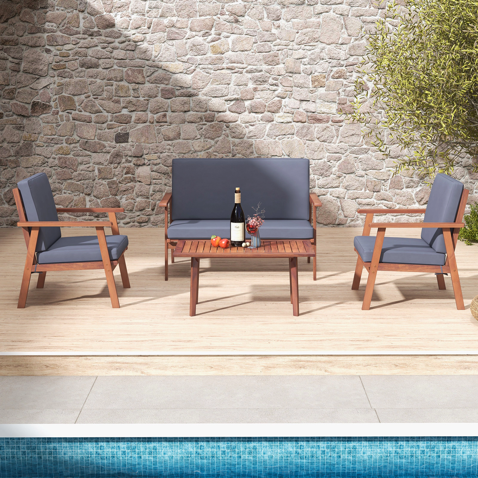 LJG 4 Piece Outdoor Acacia Wood Conversation Set with Soft Seat and Back Cushions