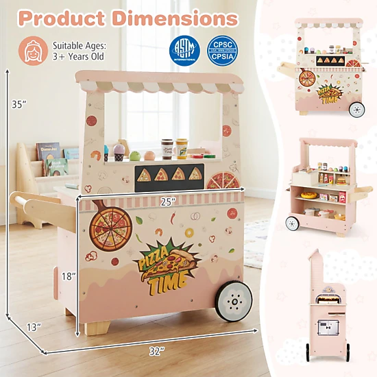 Hivvago Kids Pizza Food Truck Wooden Pretend Play Snack Cart With Oven
