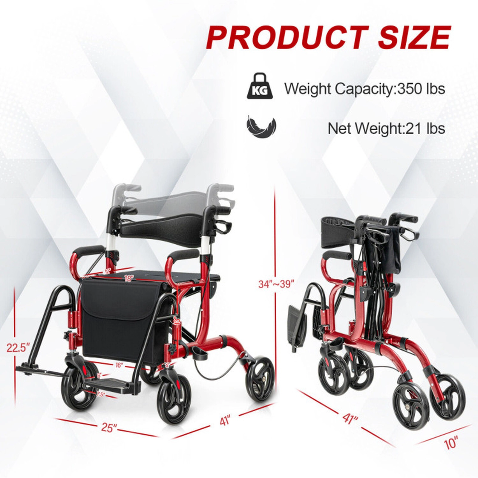 SUGIFT Red Folding Rollator Walker with Padded Seat and 8-in Wheels 41-in W 25-in D 39-in H 350-lb Seat Capacity