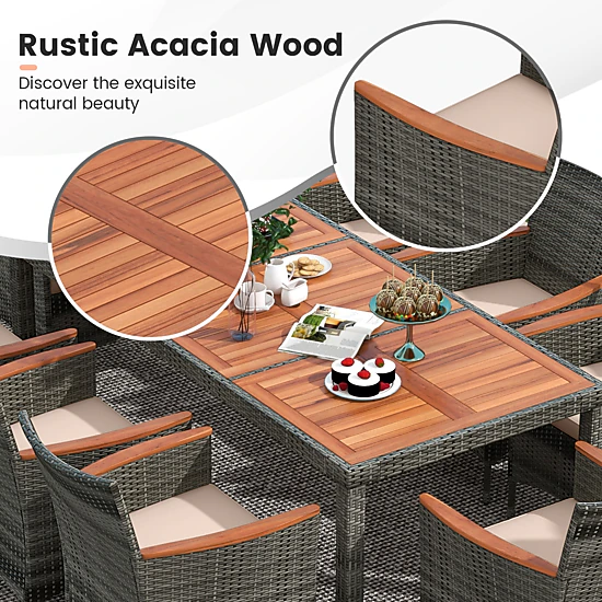 SUGIFT 10-Piece Turquoise Outdoor Wicker Dining Set, 75-In Acacia Table, 15-Ft Double-Sided Umbrella