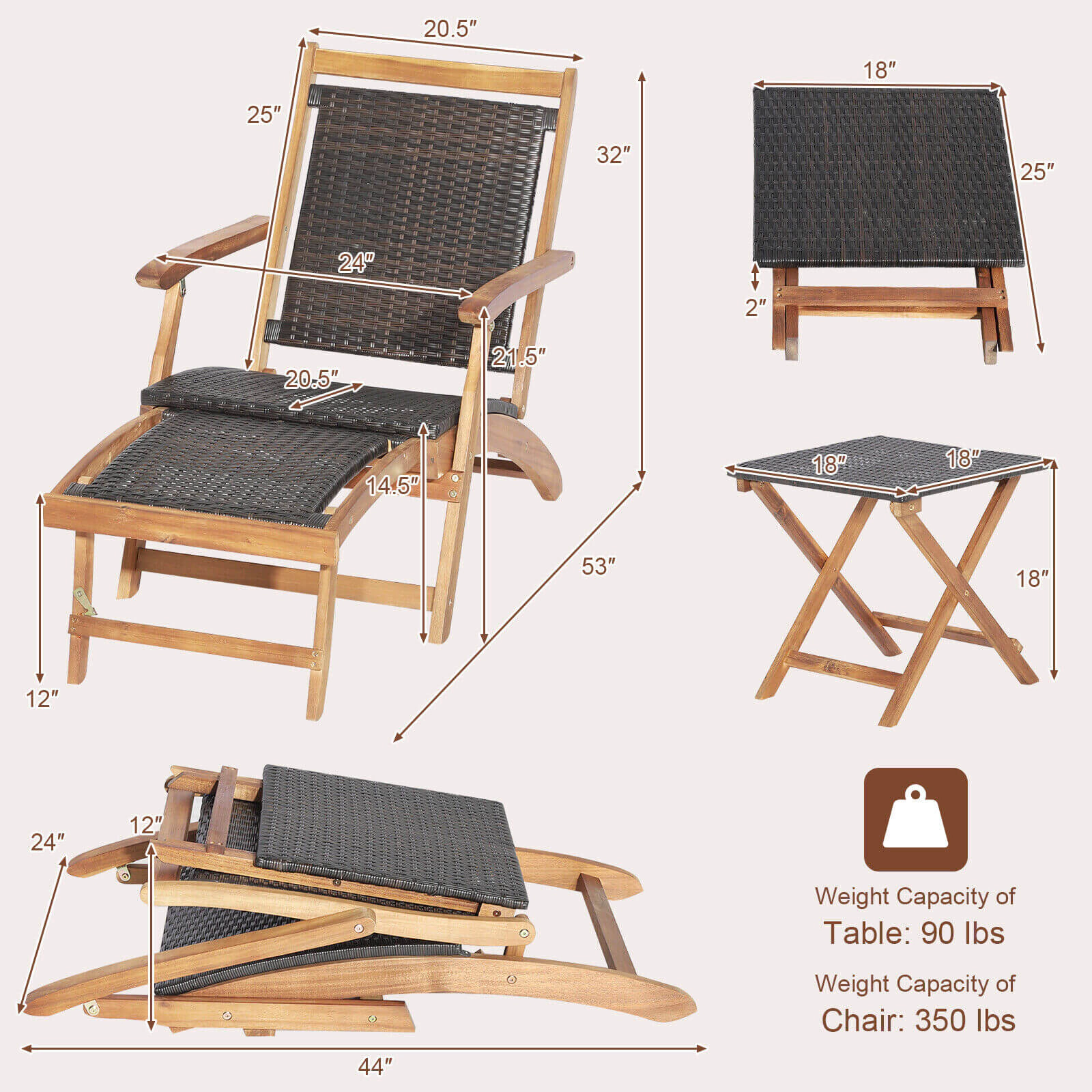 Hivvago 2 Pieces Patio Rattan Folding Lounge Chair with Acacia Wood Table