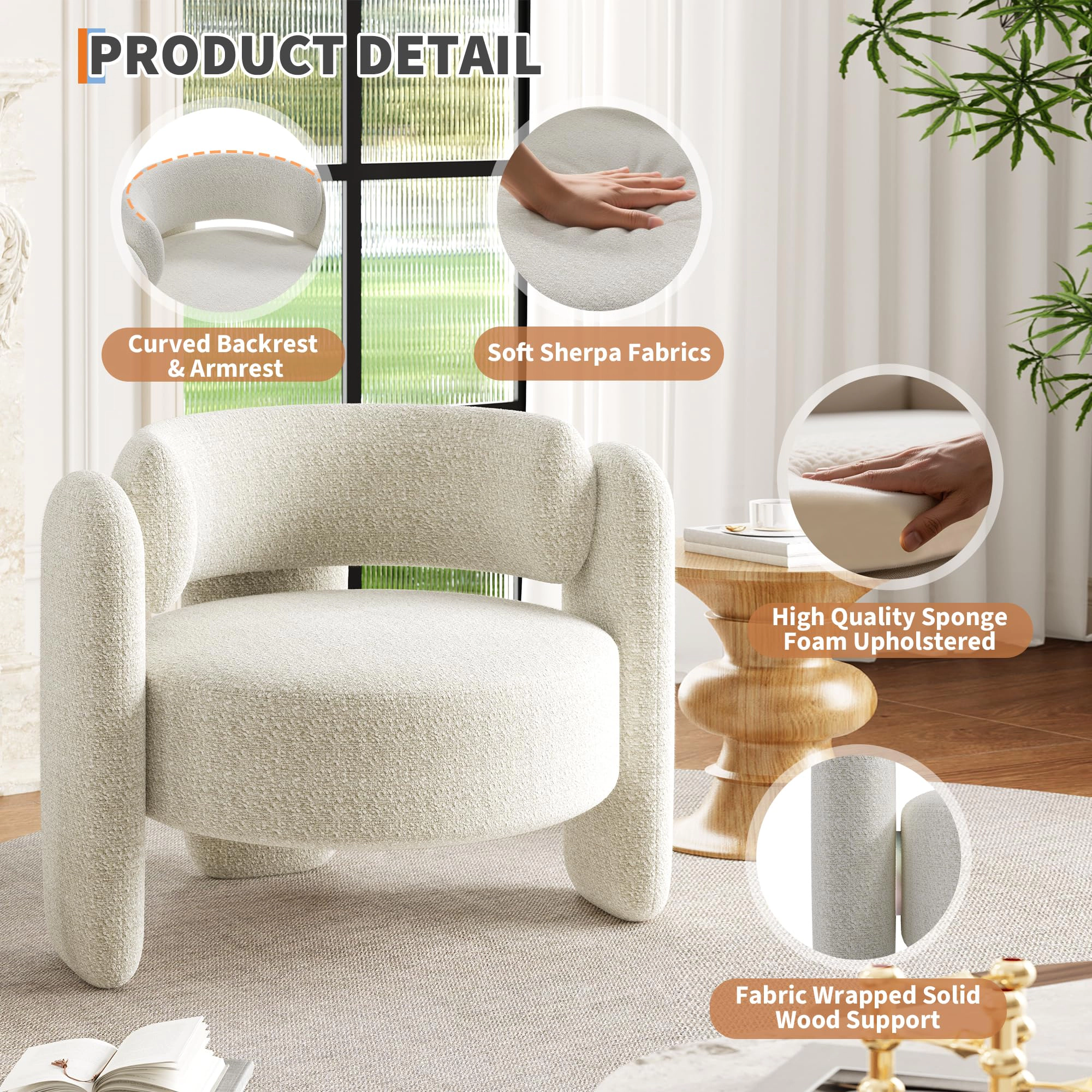 BebreezChic Modern Barrel Accent Chair Set of 2, Mid-Century Upholstered Chairs with Round Armrests & Open Back