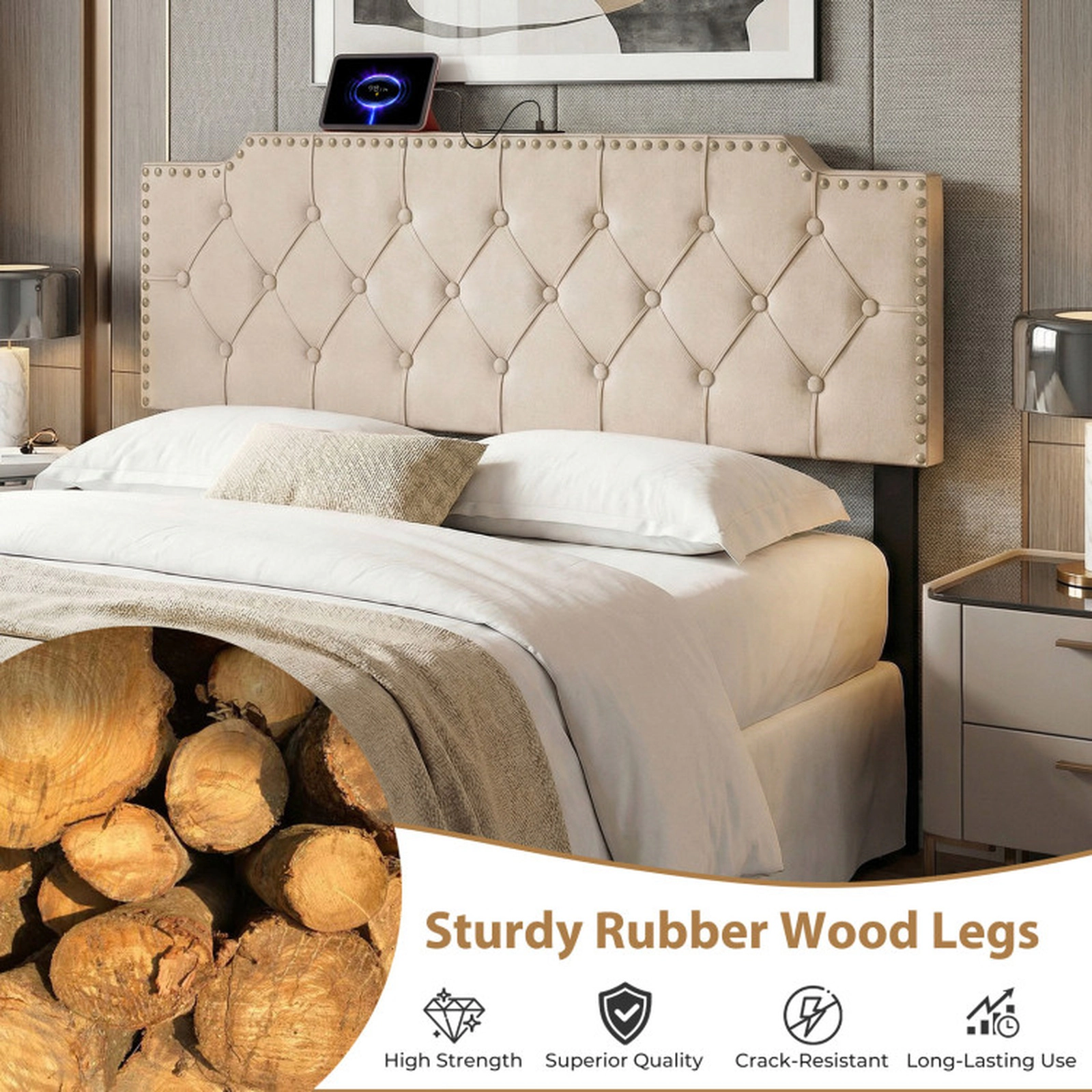 SUGIFT Rivet Tufted Upholstered Headboard with Outlets and USB for Full and Queen Beds Beige/Gray