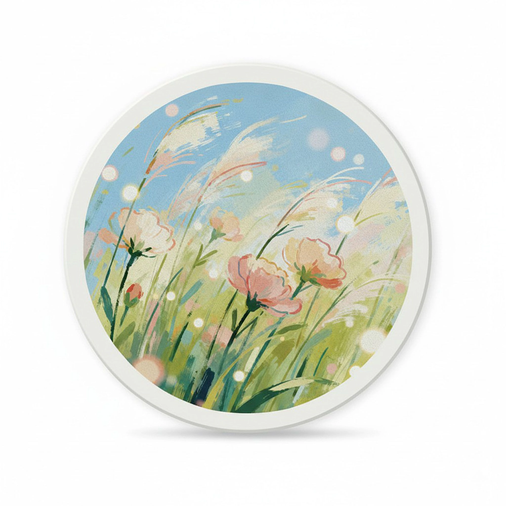 Alilang Unisex 2-PC Round Floral Decorative Coaster with Painted Meadow Design
