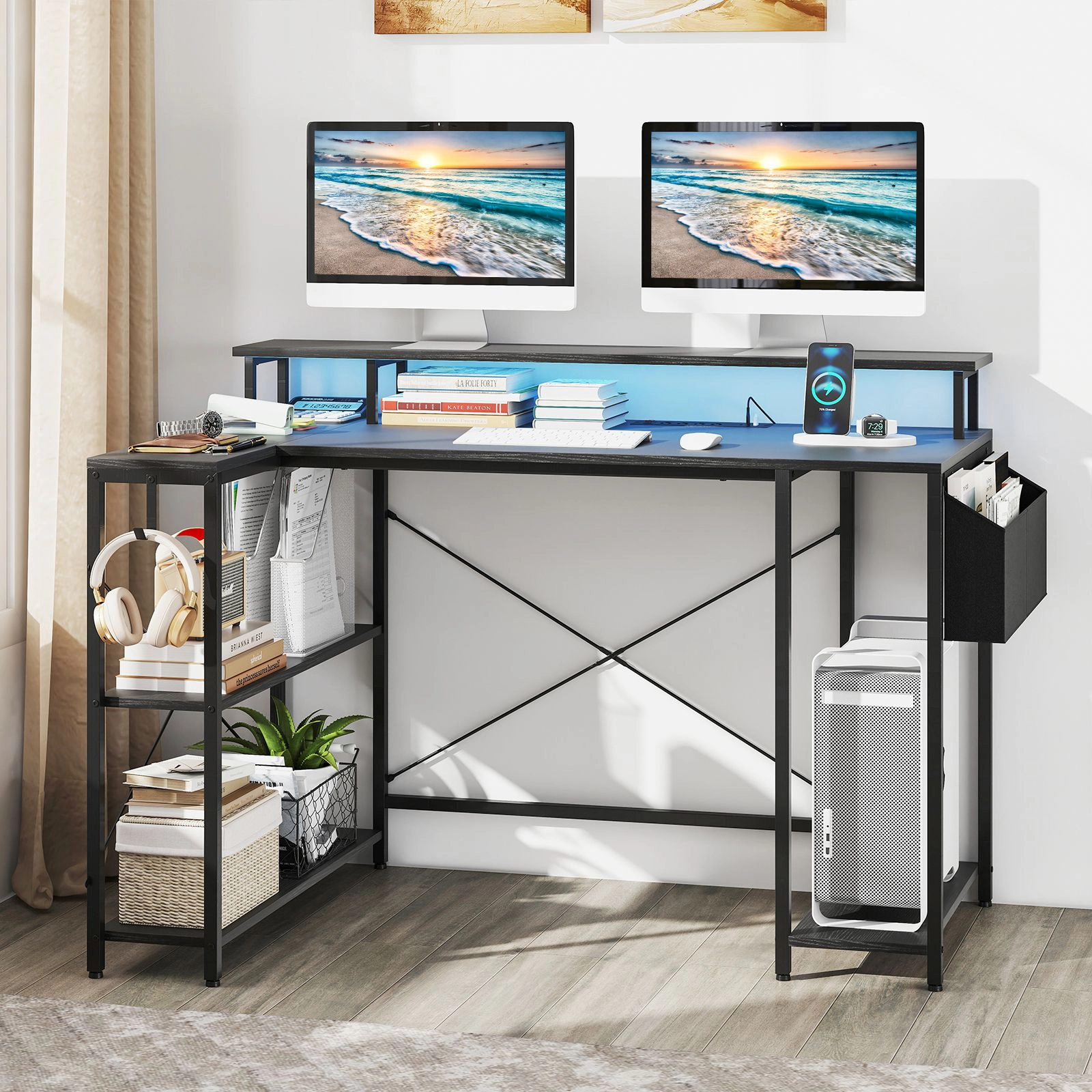 SlickBlue L Shaped Gaming Desk with LED Lights Charging Station Storage