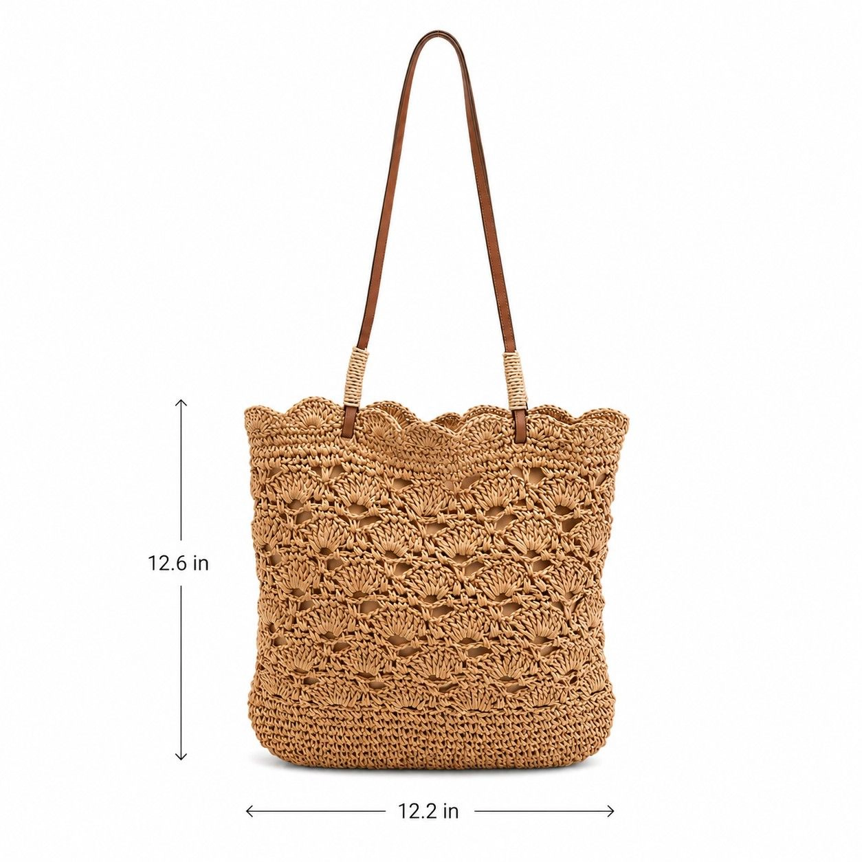 Alilang Women's Crochet Woven Shoulder Bag with Zip Closure and Scalloped Bucket Shape, Khaki