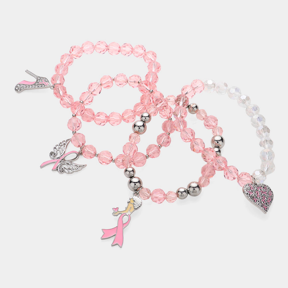 FASHNZFAB 4PCS - Enamel Pink Ribbon Afro Woman High Heel Wing Heart Charm Faceted Beaded Stretch Multi Layered Bracelets