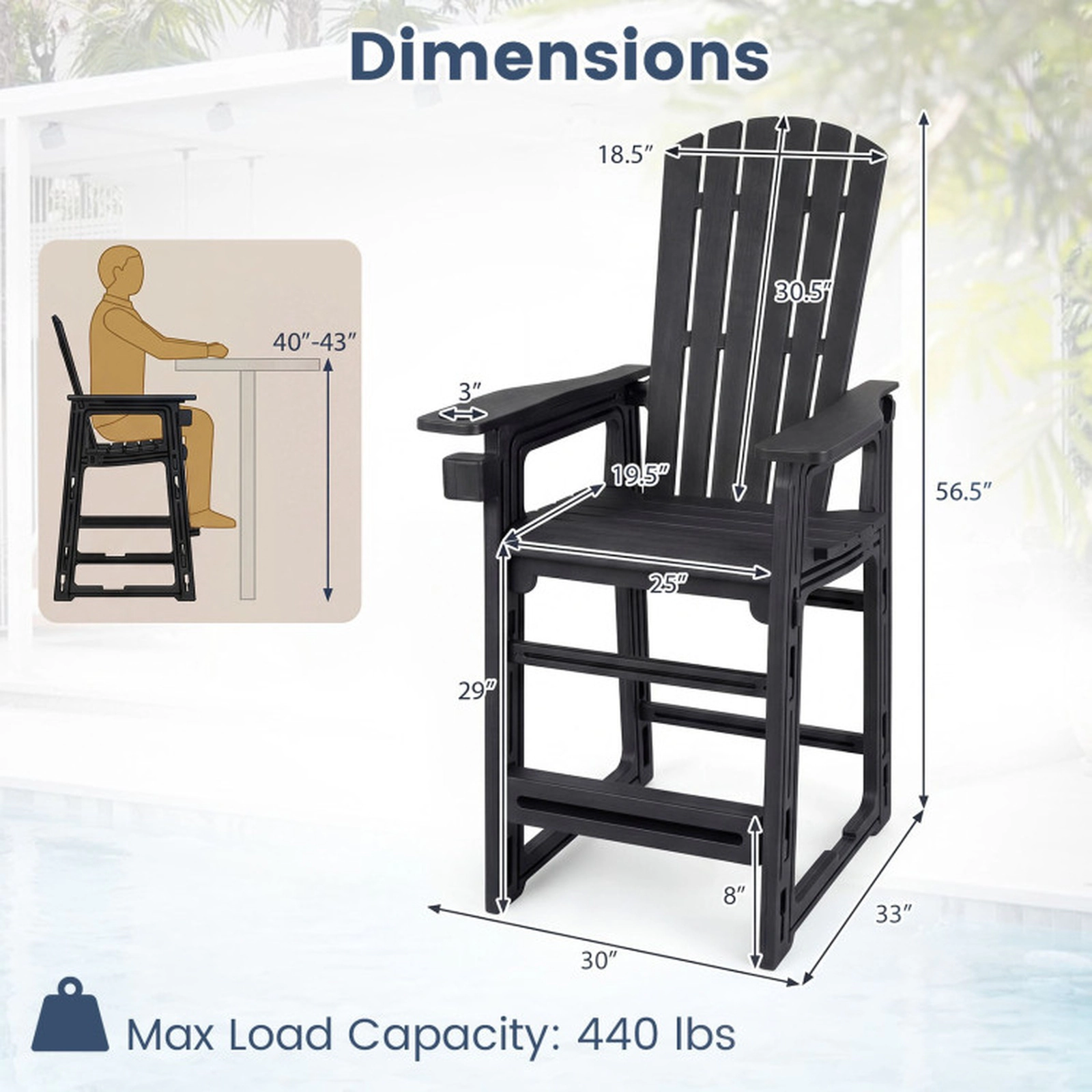 SUGIFT Black Backrest Armrests and Cup Holder Outdoor 29 Inch HDPE Bar Stool