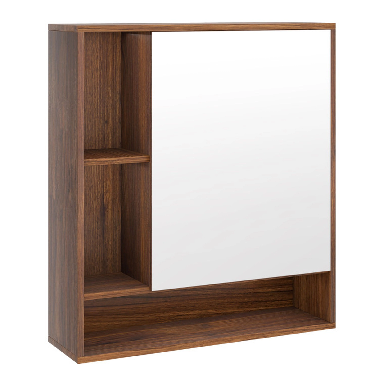 SUGIFT Walnut 176-lb Capacity Wall Mounted Bathroom Mirror Cabinet with Single Door and Open Shelves