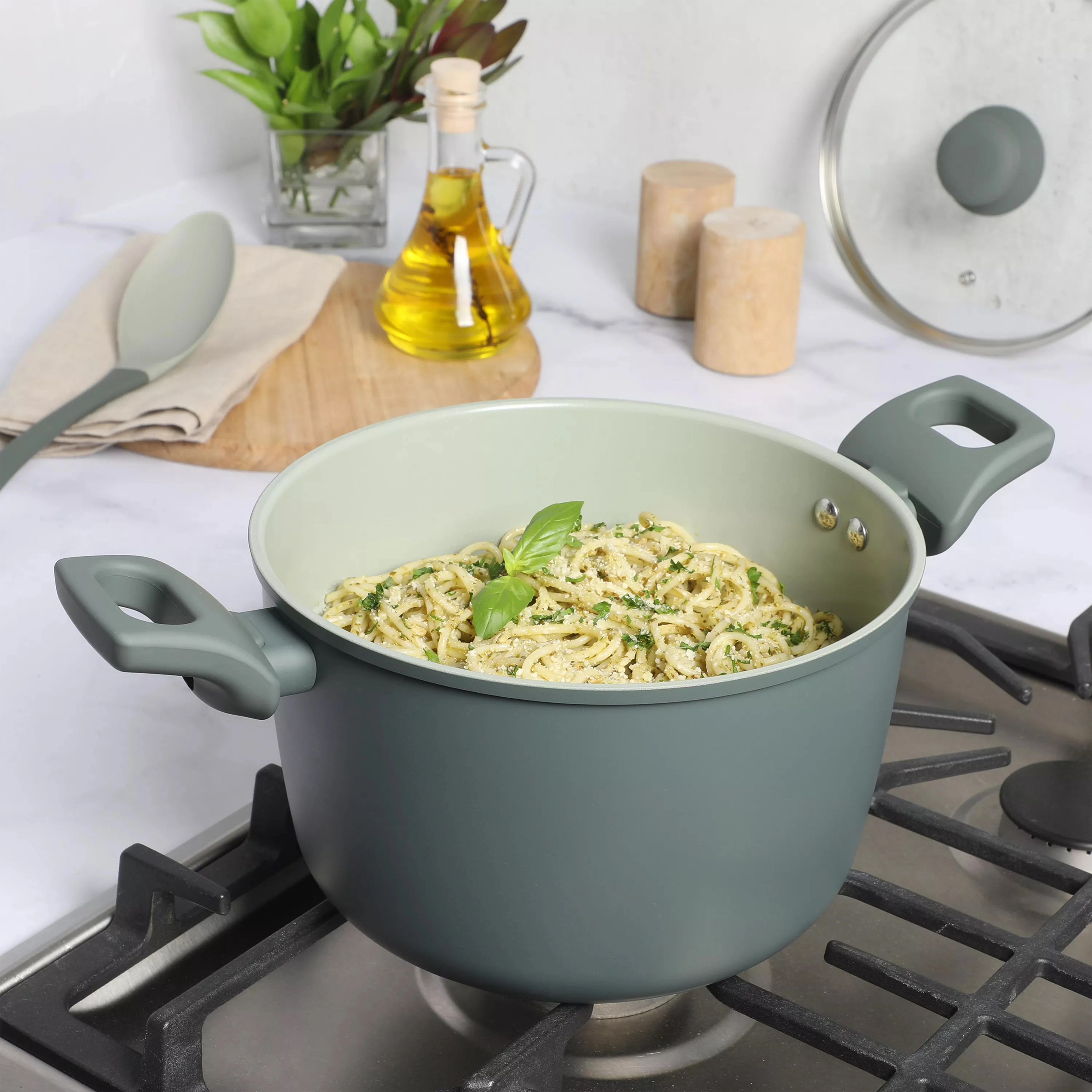 Gibson Home Barnsdall 7 Piece Ceramic Nonstick Aluminum Cookware Set in Sage Green