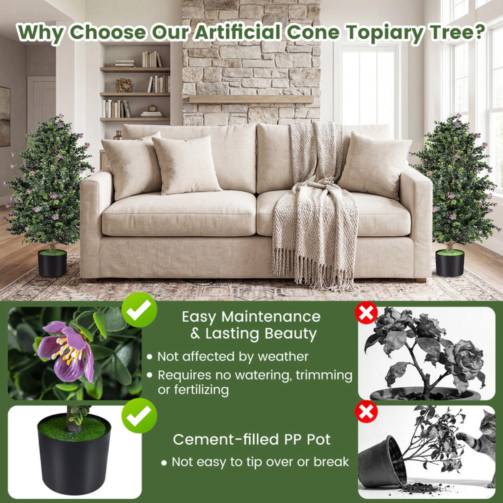 SUGIFT Set of 2 36-in Artificial Cone Topiary Trees with Purple Flowers and Cement-Filled PP Pots