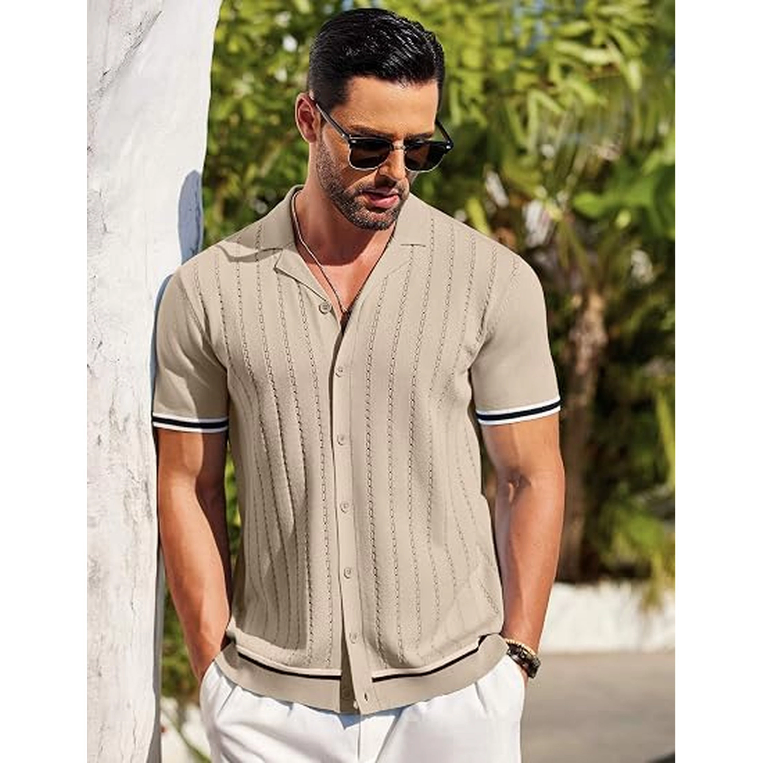 COOFANDY Men's Regular Fit Short Sleeve Knit Button Down Cardigan Shirt