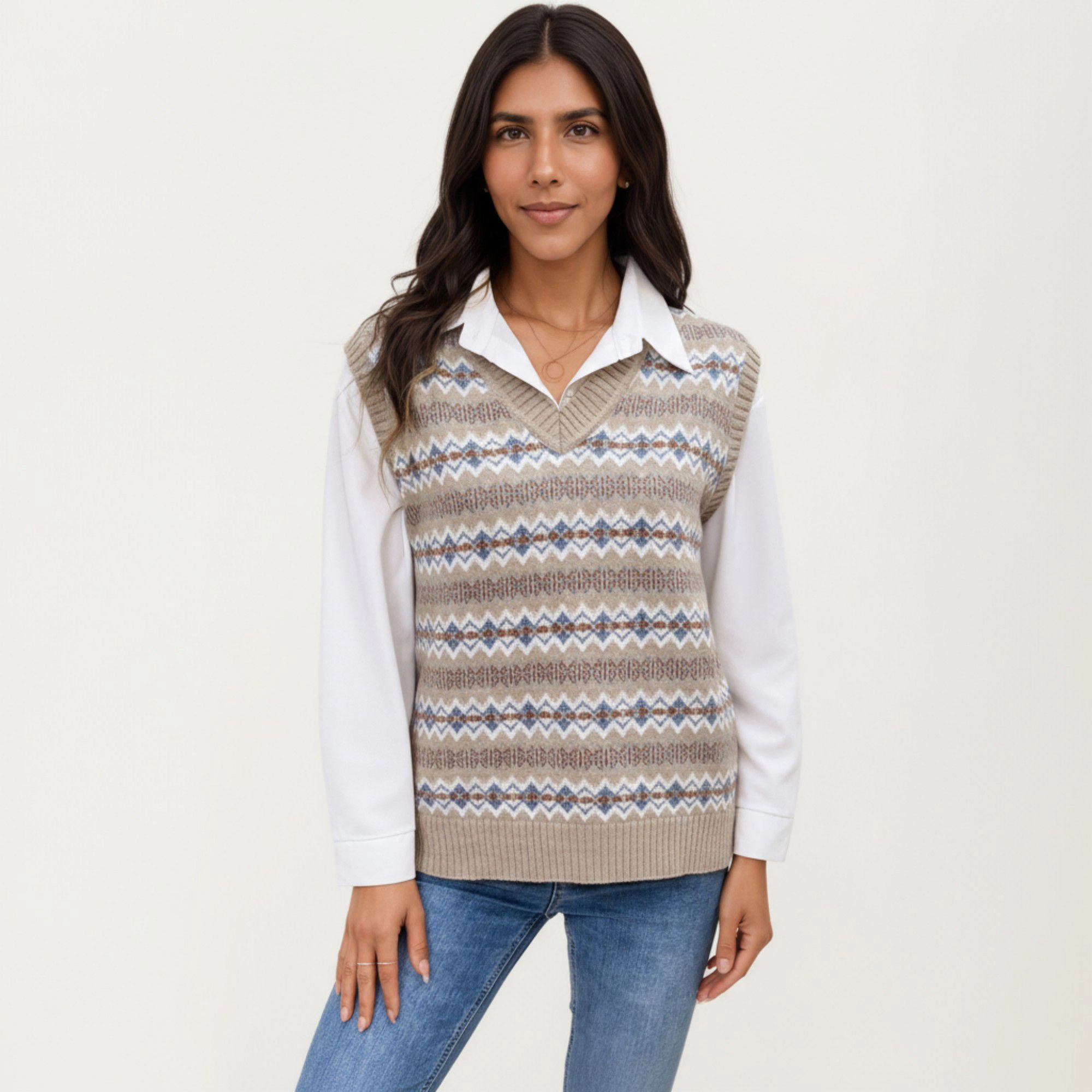 Anna-Kaci Women's Sleeveless V-Neck Knit Sweater Vest with Geometric Pattern