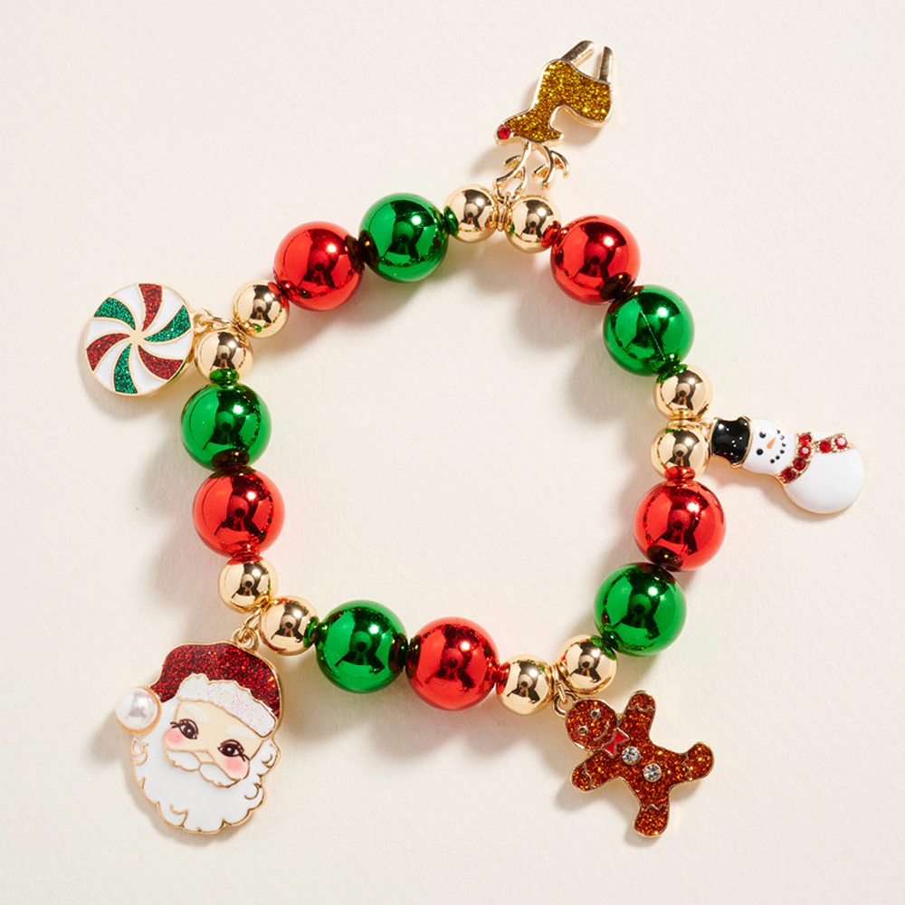 FASHNZFAB Christmas Santa Candy Reindeer Snowman Gingerbread Man Charm Beaded Stretch Bracelet - Multi