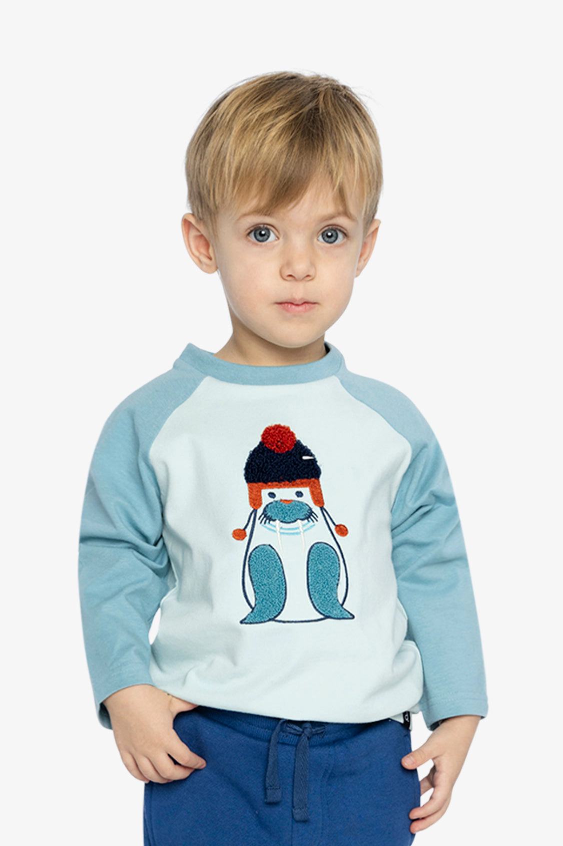 Deux par Deux Boys Long Sleeve Raglan Organic Cotton Walrus Ski Graphic T-Shirt