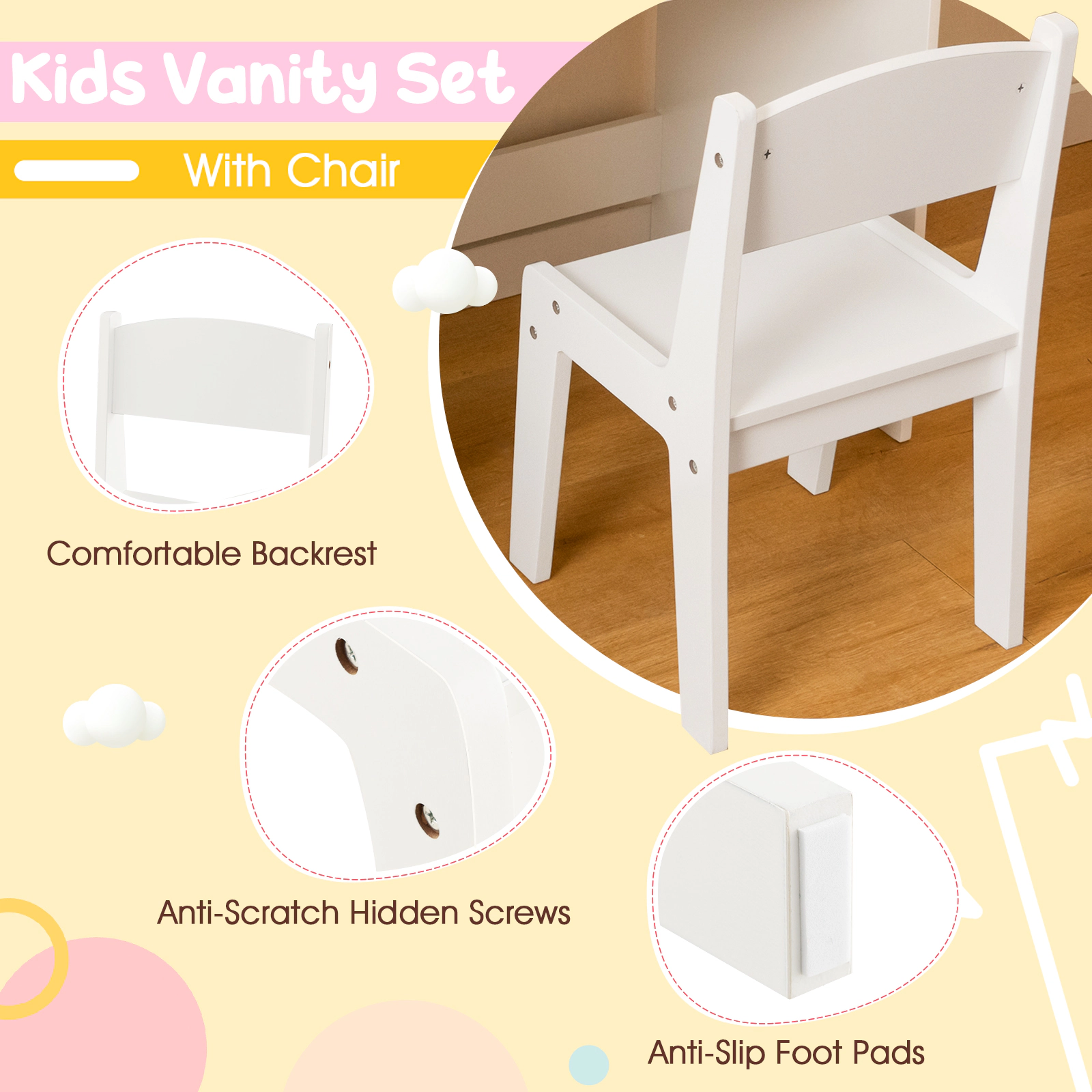 SUGIFT Kids Vanity Table and Chair Set with Shelves Drawer Cabinet and LED Mirror 110-lb Capacity Ages 3+ White