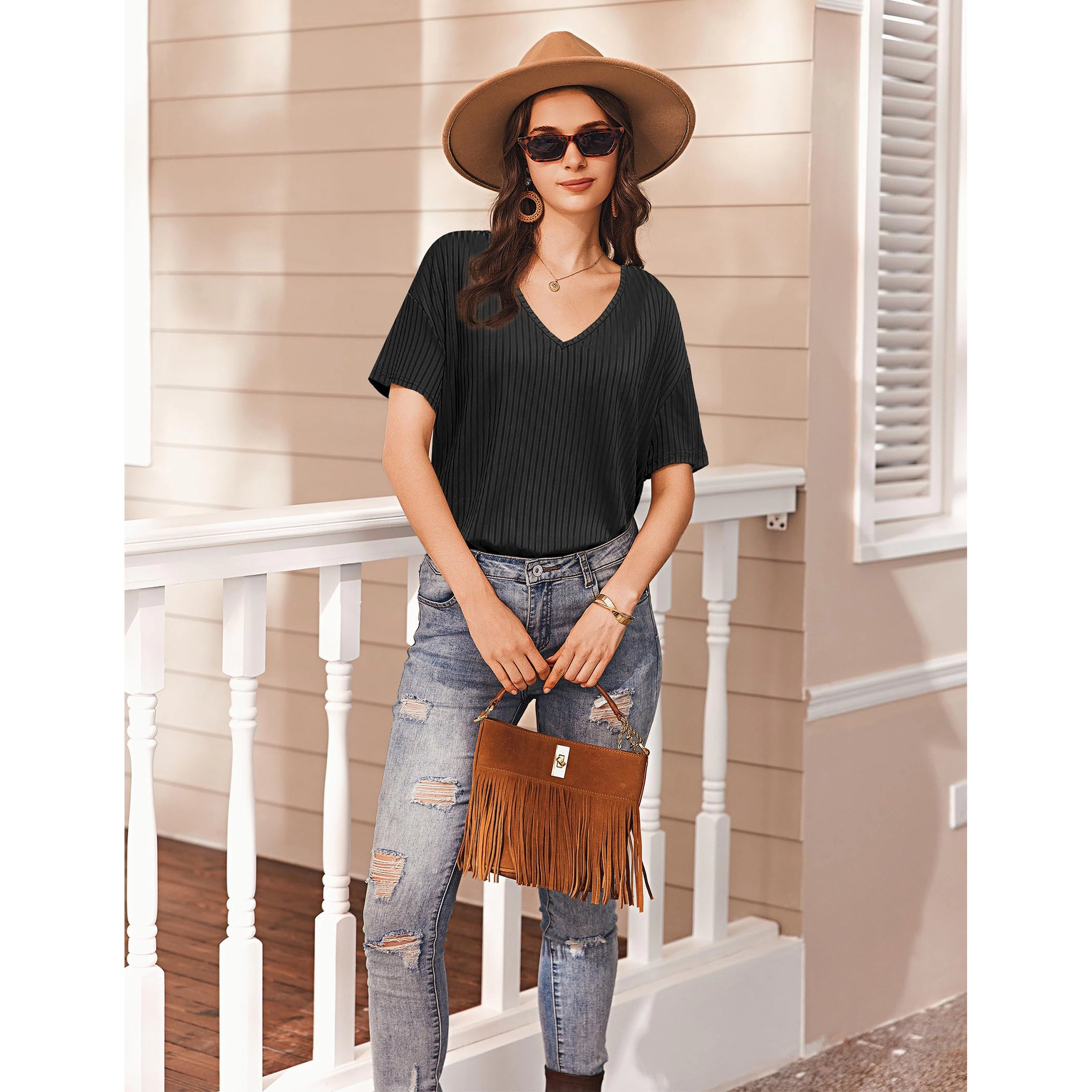 Ekouaer Women Two Piece Set Casual Summer Ribbed Short Sleeve & Matching