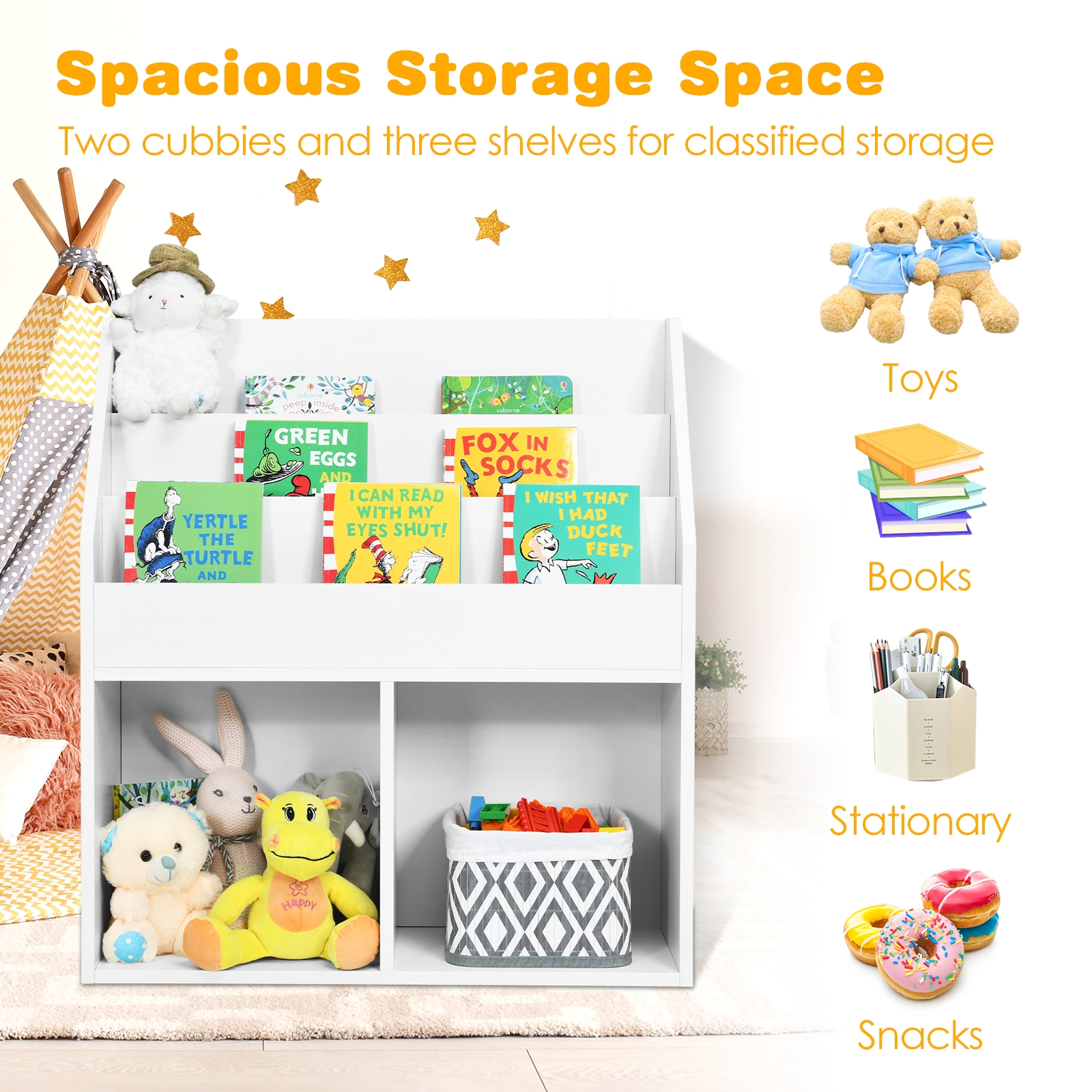 SUGIFT Kids Tiered Front-Facing Display Shelves Wooden Toy Storage Bookcase 29-in x 12-in x 32-in 33-lb Shelf White