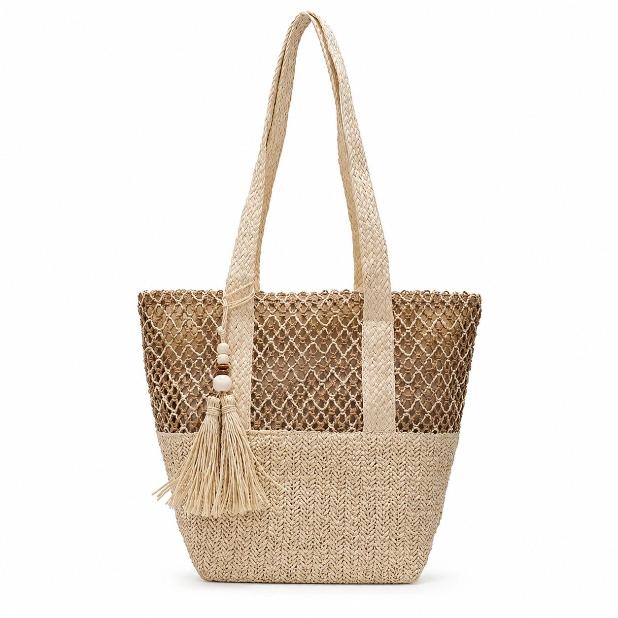 Alilang Women's Woven Straw Tote Bag with Zip Closure Shoulder Straps and Tassel Accent, Natural Khaki