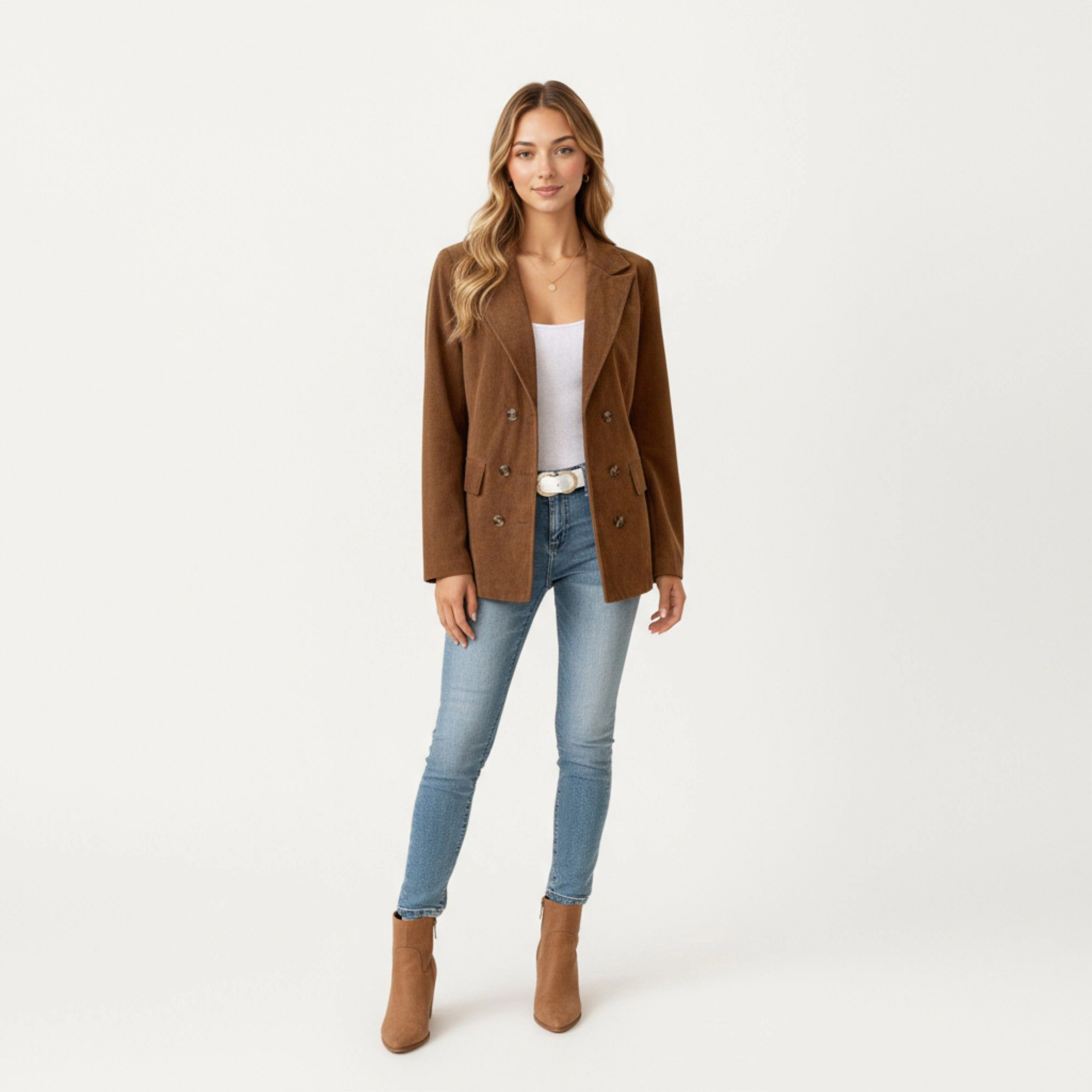 Anna-Kaci Women's Corduroy Double-Breasted Blazer Jacket with Front Flap Pockets