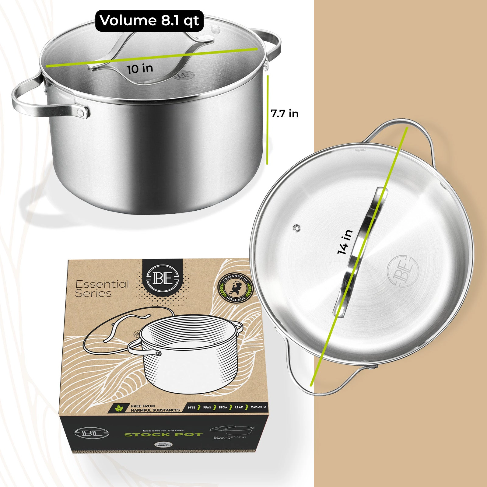 BE - LIVING Essential Series PFAS-free Tri-Ply Stainless Steel Stock Pot with Lid 10"