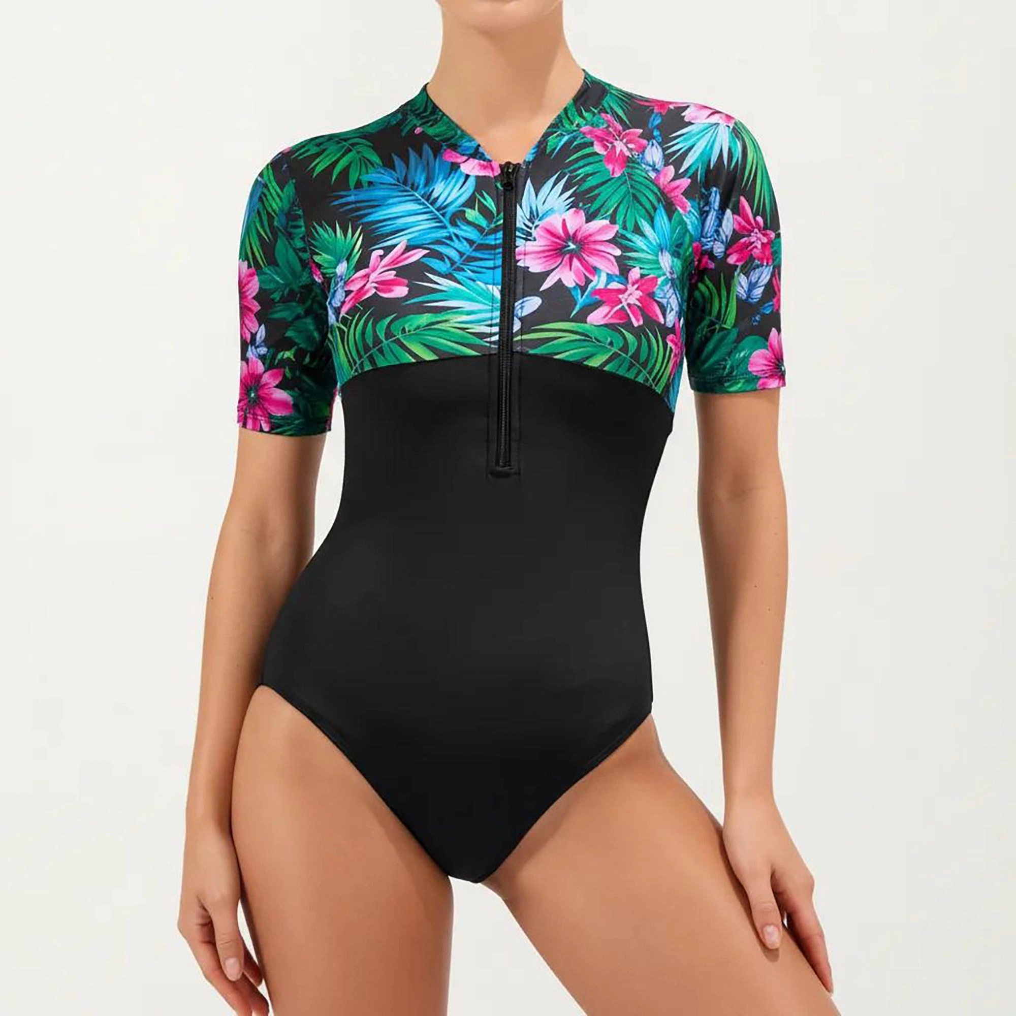 Anna-Kaci Women Short Sleeve Zip Front One-Piece Swimsuit Floral Yoke Panel