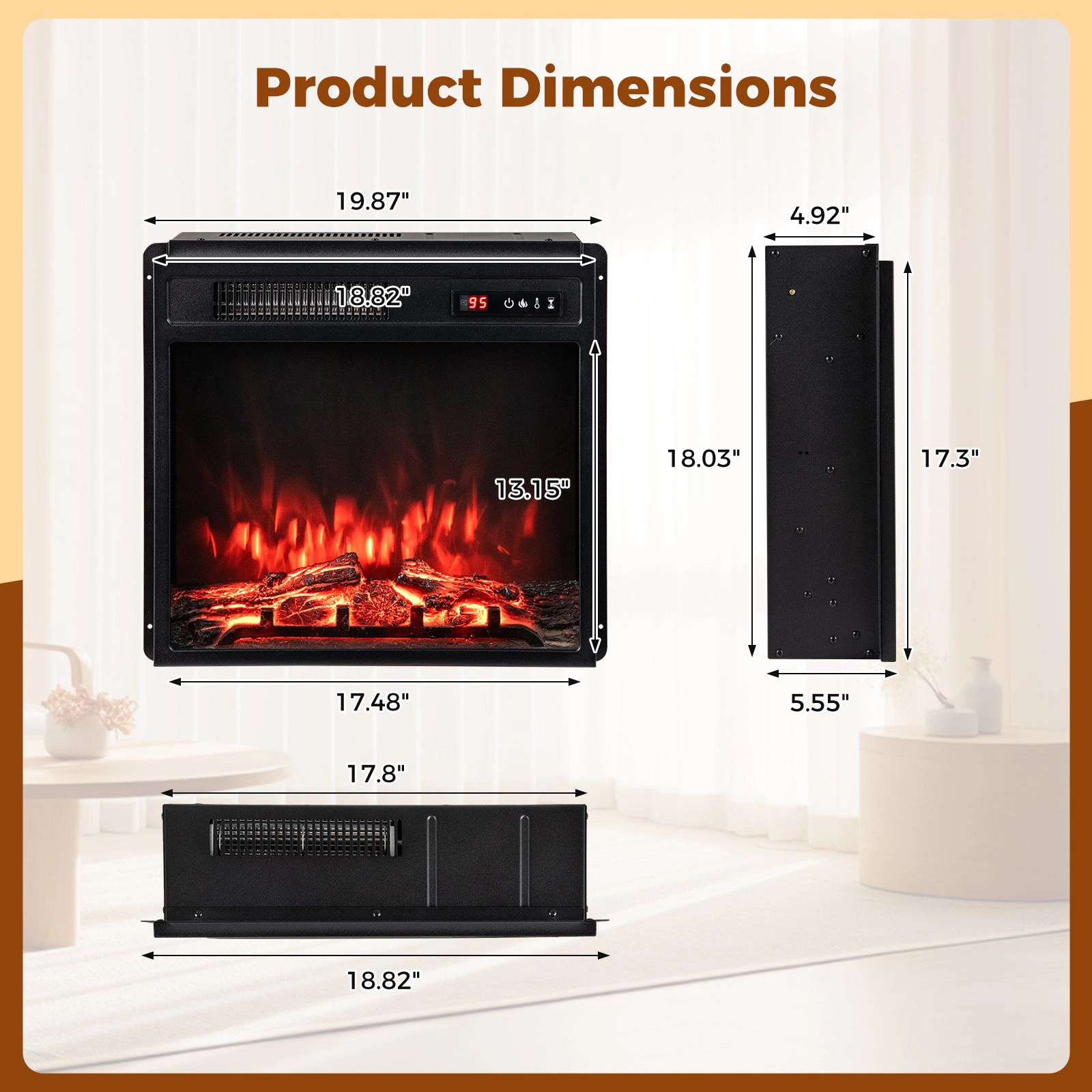 SlickBlue Black Metal Tempered Glass Electric Fireplace Insert, 5000 BTU, Remote Control