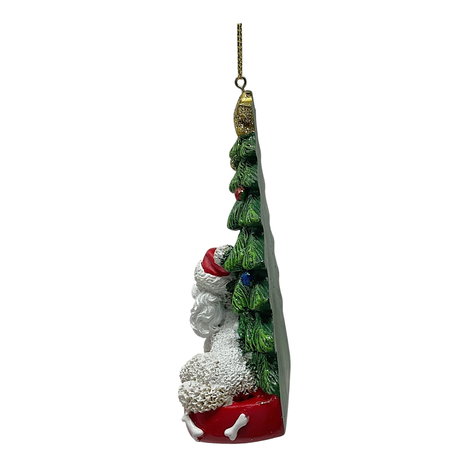 Kurt Adler White Poodle Dog Wearing Santa Hat with Christmas Tree Resin Ornament 4.25 inch